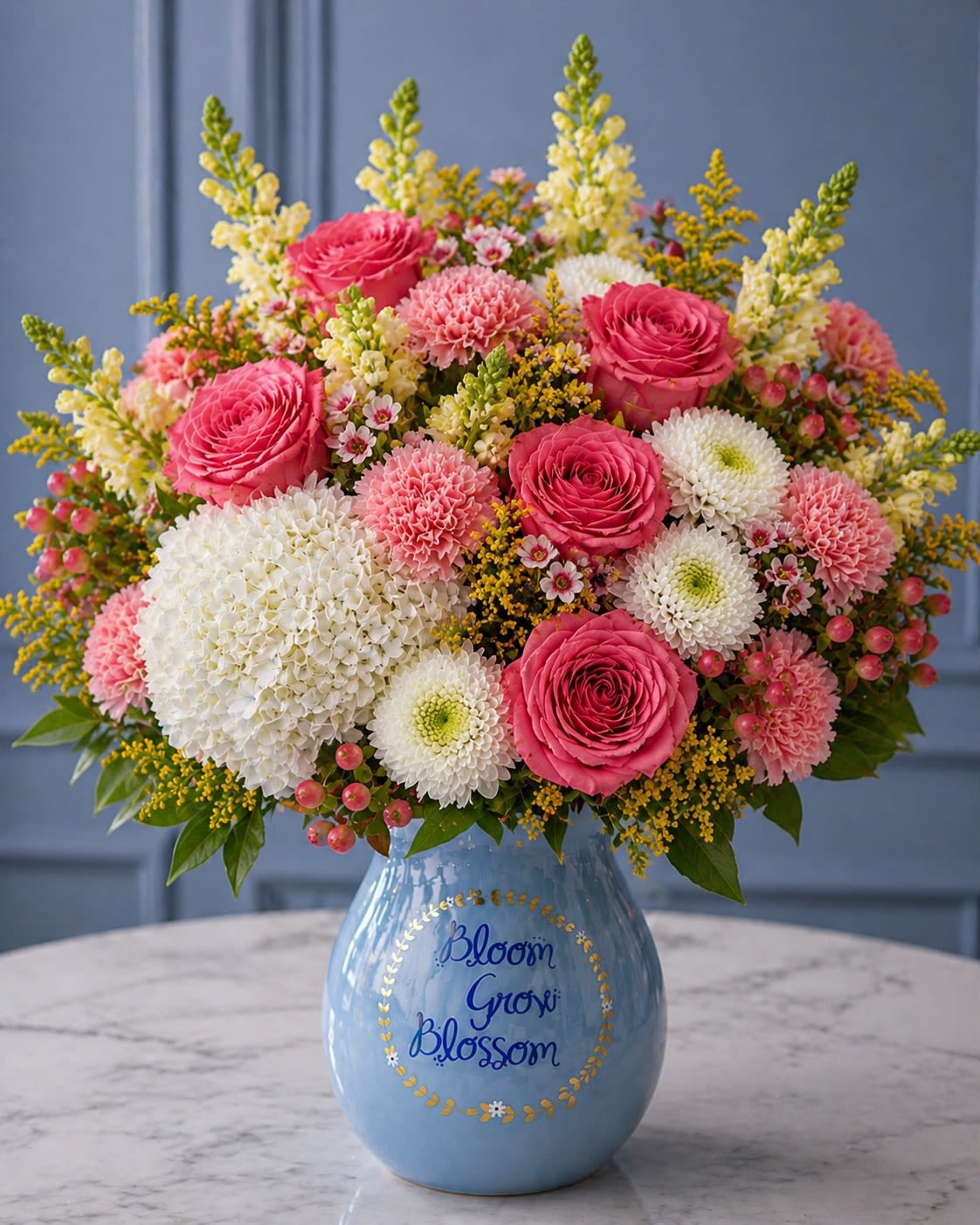 Rosé Cottage Garden - A charming garden-style arrangement featuring vibrant pink roses, soft blush carnations, white hydrangea, crisp white button mums, delicate wax flower, seasonal pink berries, golden solidago, and tall snapdragons arranged beautifully in a keepsake blue ceramic vase. Rosé Cottage Garden captures the feeling of a blooming countryside garden filled with softness, romance, and cheerful elegance. The layered textures and pastel palette create a lush floral design that feels both luxurious and inviting.