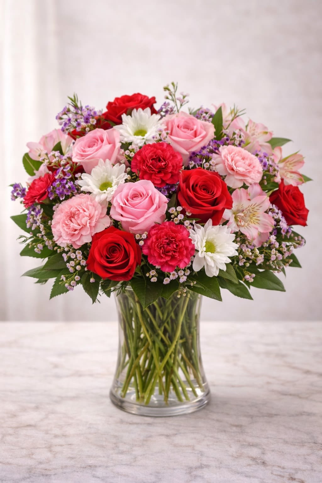 Rosé Embrace - A lush and romantic arrangement featuring rich red roses, soft blush roses, delicate pink carnations, and fresh white daisies, beautifully layered with light filler blooms and vibrant greenery. Designed with depth and fullness, this piece brings warmth, elegance, and timeless charm to any space — perfect for heartfelt celebrations or meaningful moments. Substitution Policy: Flower varieties may vary based on seasonal availability, but the red, blush, and white color palette will always remain consistent. The container may differ slightly in style, yet it will always complement the arrangement to preserve its overall design and color harmony.