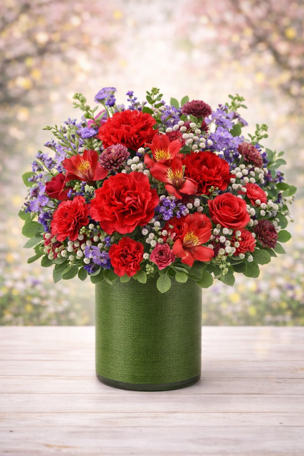 Ruby Garden Luxe - An abundant, garden-style arrangement designed to make a statement. Rich red blooms are layered with soft lavender and delicate accent flowers, creating beautiful depth and contrast. Set in a sleek green cylinder container, this design feels romantic, elegant, and full of texture — perfect for celebrations, anniversaries, or simply elevating any space with bold color and refined style. Substitution Policy: While specific flower varieties may vary depending on seasonal availability, the signature red and purple color palette and the lush, rounded garden look will always remain the same. Any substitutions will be carefully selected to match the original style, quality, and color balance. Containers will always coordinate with the arrangement to maintain a cohesive and polished presentation.