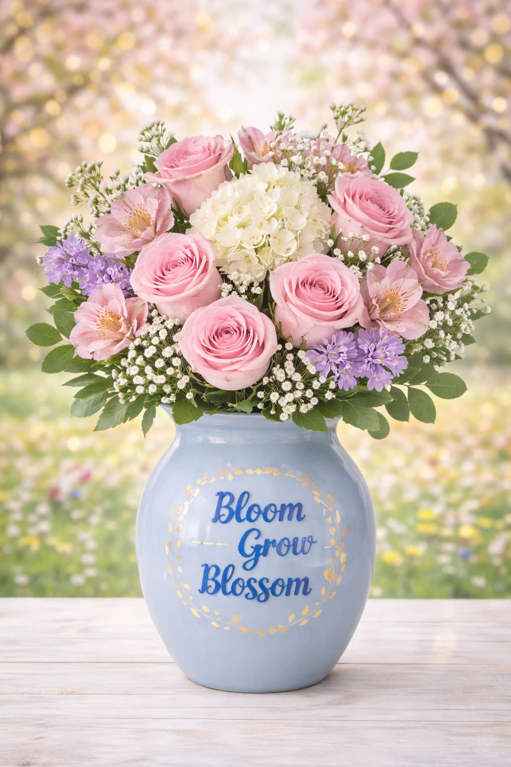 Spring Blush Garden Vase -  Description Welcome the beauty of spring with our Spring Blush Garden Vase — a fresh and elegant arrangement designed to brighten any space. This pastel-inspired design features regular premium roses in soft blush and cream tones, accented with seasonal spring blooms and delicate fillers for a light, airy look. Arranged in our signature ceramic vase, this bouquet is perfect for birthdays, celebrations, thank-you gifts, or simply bringing fresh spring energy into the home.  Includes: • Premium regular roses • Seasonal pastel blooms • Fresh greenery accents • Decorative ceramic vase (included)  Substitution Policy: Flower varieties may vary slightly based on seasonal availability. If substitutions are necessary, we will maintain the overall color palette, style, and value of the arrangement to ensure it looks just as beautiful and full.