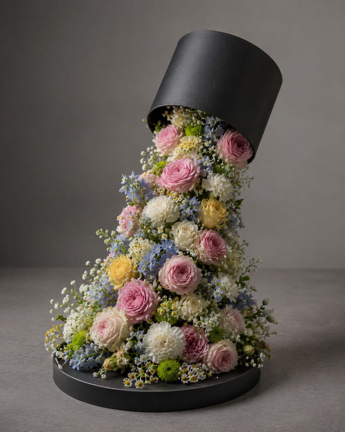 Cascade bouquet of pink, white, yellow, and blue flowers in a black hatbox