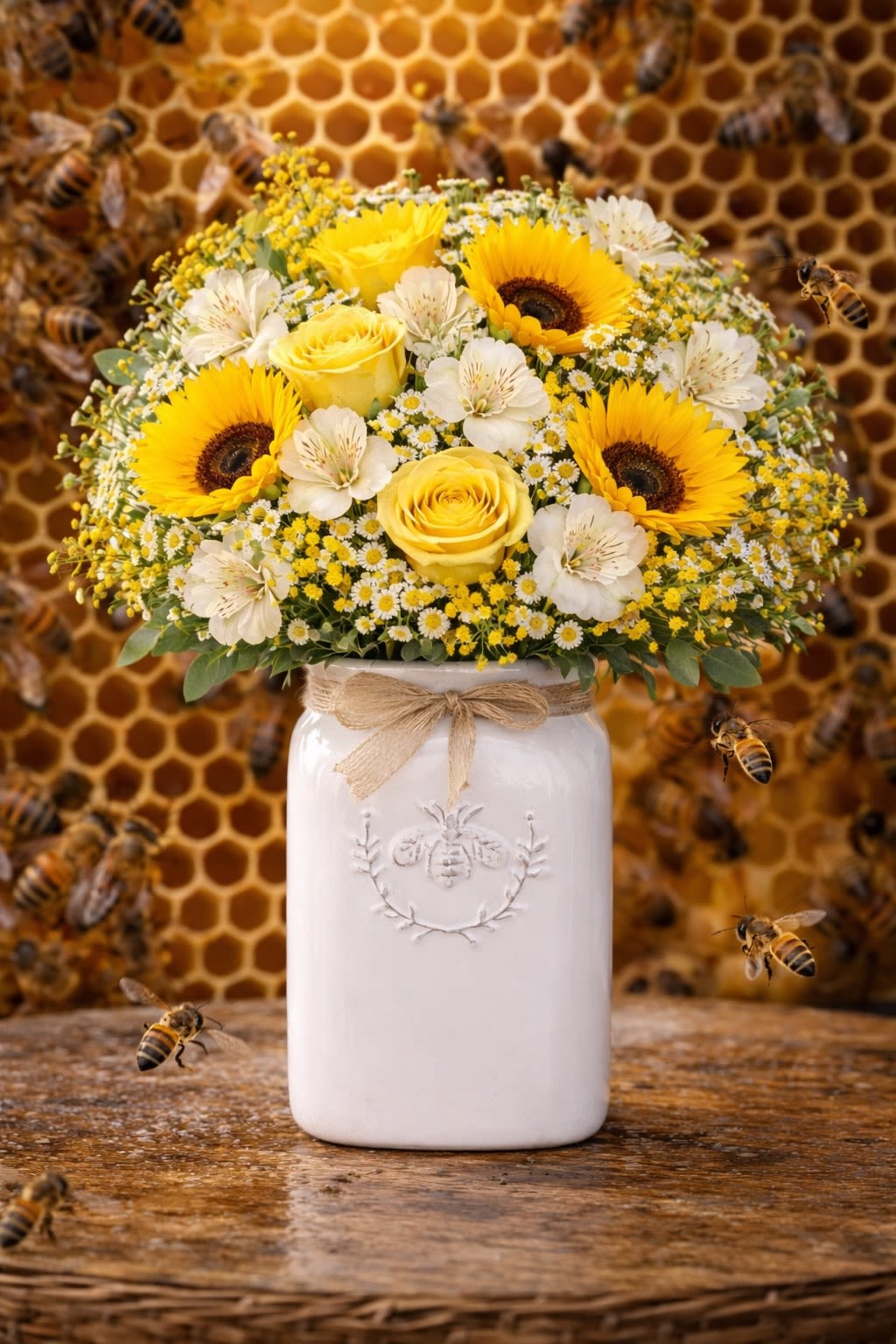 Sunny Bee Garden - A bright and cheerful floral arrangement designed to bring instant happiness. This piece features vibrant sunflowers, yellow roses, white alstroemeria, and delicate filler flowers, beautifully arranged in a charming white ceramic vase with a bee detail. Perfect for birthdays, thank-you gifts, or adding a warm, sunny touch to any space. Flower varieties may vary slightly based on availability while maintaining the same bright and cheerful look.