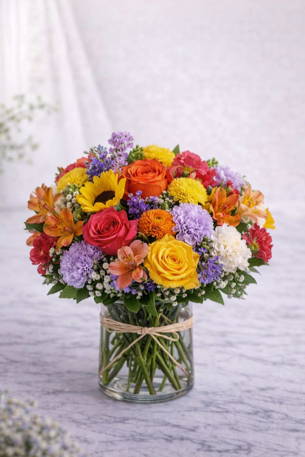 Sunset Celebration -  Description: A vibrant and joyful arrangement featuring bright yellow roses, bold orange roses, hot pink blooms, sunny sunflowers, lavender accents, and seasonal filler flowers, beautifully arranged in a clear glass vase with a natural ribbon detail. This design brings together warm sunset tones — yellows, oranges, pinks, and soft purples — creating a cheerful and eye-catching centerpiece. Full, rounded, and bursting with color, it’s perfect for birthdays, congratulations, thank-you gifts, or any special celebration. Bright. Festive. Unforgettable. ⸻  Substitution Policy: Due to seasonal availability and market conditions, specific flower varieties may vary. If substitutions are necessary, blooms will be replaced with flowers of equal or greater value while maintaining the same vibrant multicolor palette (yellow, orange, pink, and purple tones). The overall size, fullness, and colorful style of the arrangement will always remain consistent with the design shown. ⸻ ? Container Notice: Vase style may vary slightly based on availability, but it will always complement the warm and vibrant tones of the arrangement. The overall look and color harmony will remain true to the original design.