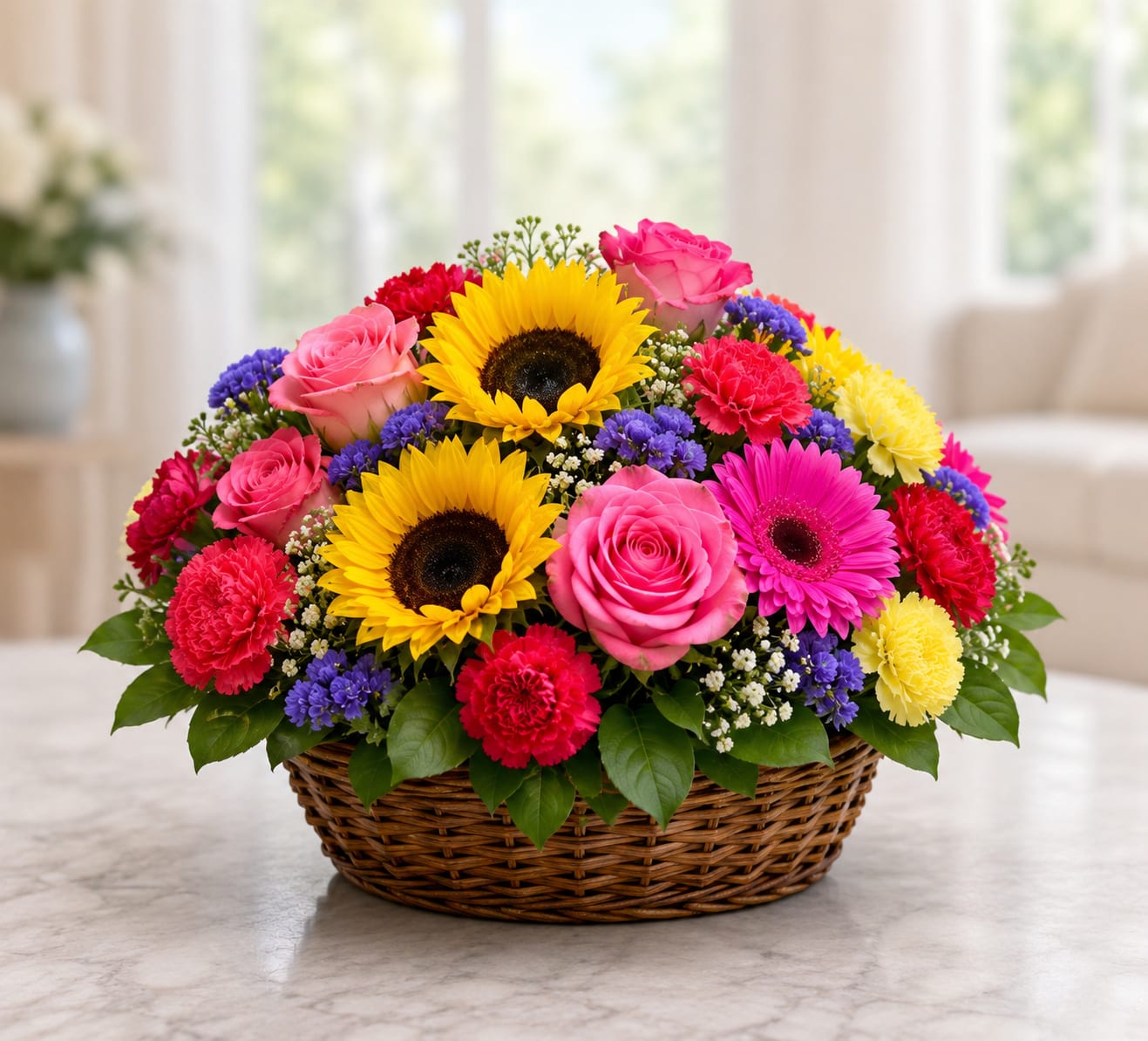 Sunshine Celebration Basket - Bright, cheerful, and full of color, this stunning basket arrangement is designed to bring happiness to any occasion. Featuring vibrant sunflowers, pink roses, gerbera daisies, carnations, seasonal filler flowers, and fresh greenery, this design is beautifully arranged in a rustic woven basket for a warm and joyful presentation. Perfect for birthdays, congratulations, celebrations, thank you gifts, or simply making someone smile.  Flower varieties and basket style may vary slightly based on seasonal availability and freshness. In the rare event certain flowers or containers are unavailable, substitutions of equal or greater value will be used while maintaining the overall color palette and garden-inspired design style shown.
