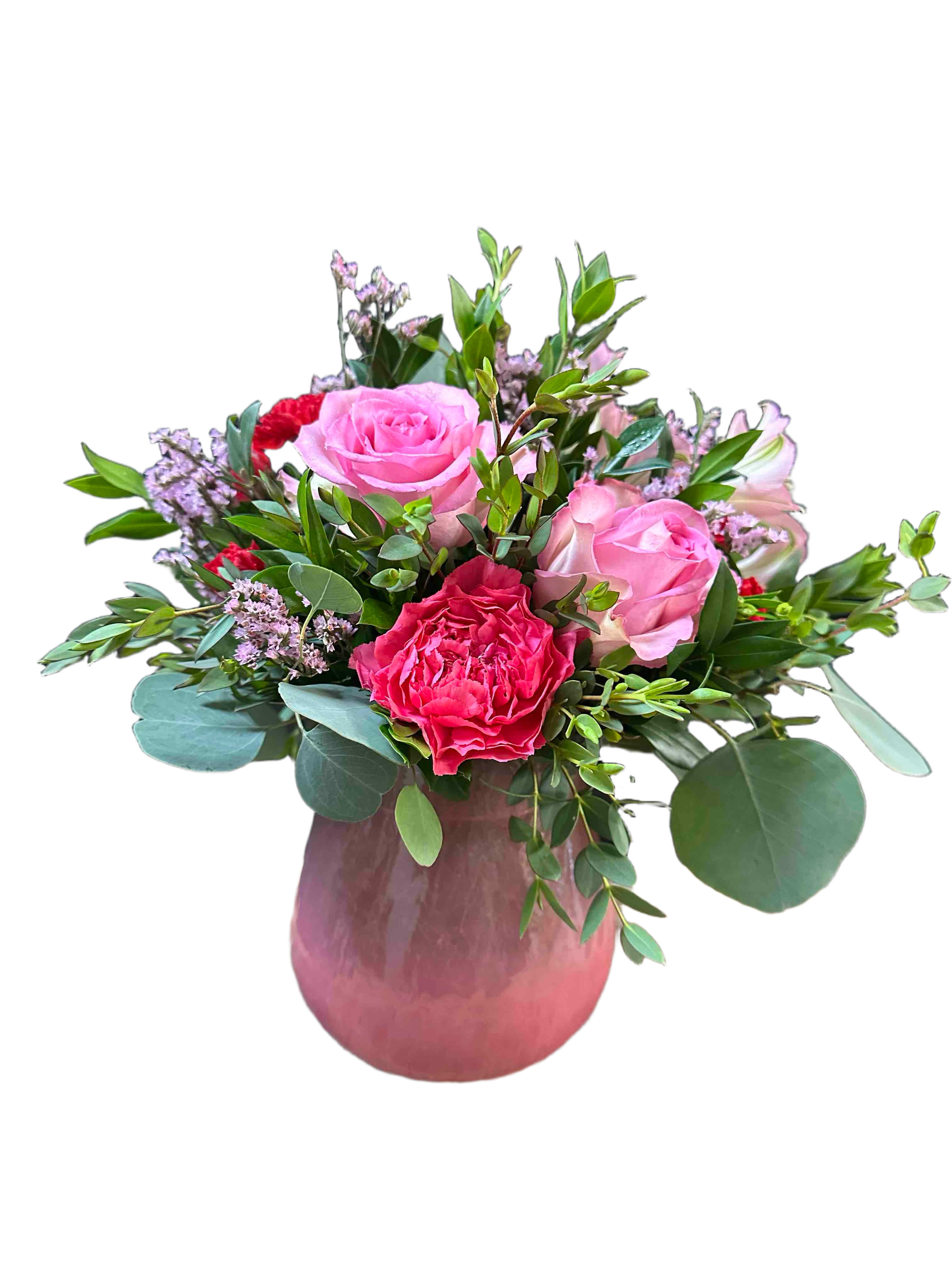 Pink Posie Bouquet - Pink roses, hot pink carnation, lavender filler, pink alstromeria, and greenery arranged in a matte ceramic vase.