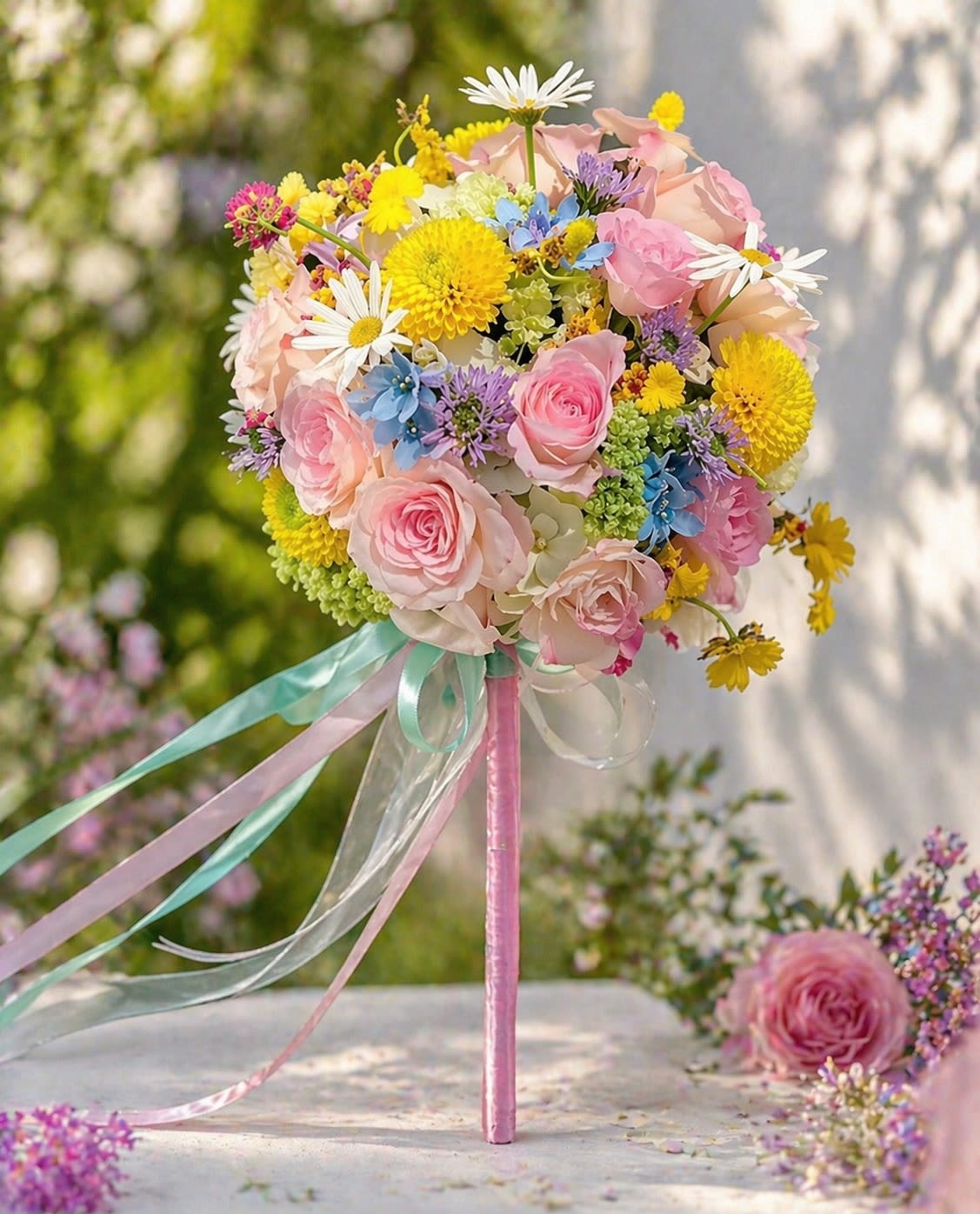 Sweet Mix Bloom Lollipop - A playful and elegant lollipop-style floral arrangement designed to stand out. This handcrafted piece features a soft pastel mix of roses, cushion poms, mini daisies, spray blooms, and seasonal accents, arranged into a perfect round sphere and finished with flowing satin ribbons for a whimsical touch. Perfect for birthdays, celebrations, or a unique gift, this arrangement brings a fun, modern twist to traditional flowers while still feeling soft and romantic. Substitution Policy: Flower types and colors may vary slightly based on availability, but the overall look, color palette, and style will be maintained. Ribbon color and stick wrap may also vary.