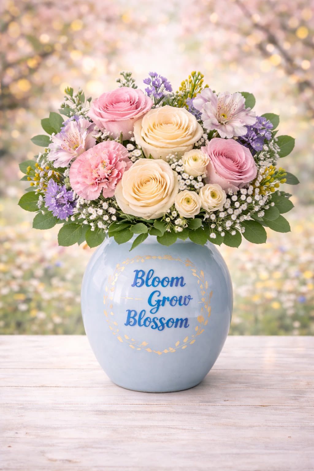 Sweet Spring Charm - Celebrate the beauty of spring with Spring Garden Glow, a full and cheerful arrangement designed in your signature ceramic keepsake vase. This lush bouquet features a generous mix of fresh regular roses, mini carnations, spray mums, and delicate filler flowers in soft pastel tones — blush pink, creamy white, and fresh seasonal greens. Designed to feel abundant and joyful, this arrangement is perfect for birthdays, thank-you gifts, Easter celebrations, or simply brightening someone’s day. The balanced dome shape and fuller look give it a premium feel while keeping it at an accessible price point.  Approximate size: 10–12” wide  One size available  Designed in floral foam for a clean, professional presentation Substitution Policy: Due to seasonal and wholesale availability, specific flower varieties or shades may be substituted with equal or greater value blooms while maintaining the same color palette, fullness, and overall design style.