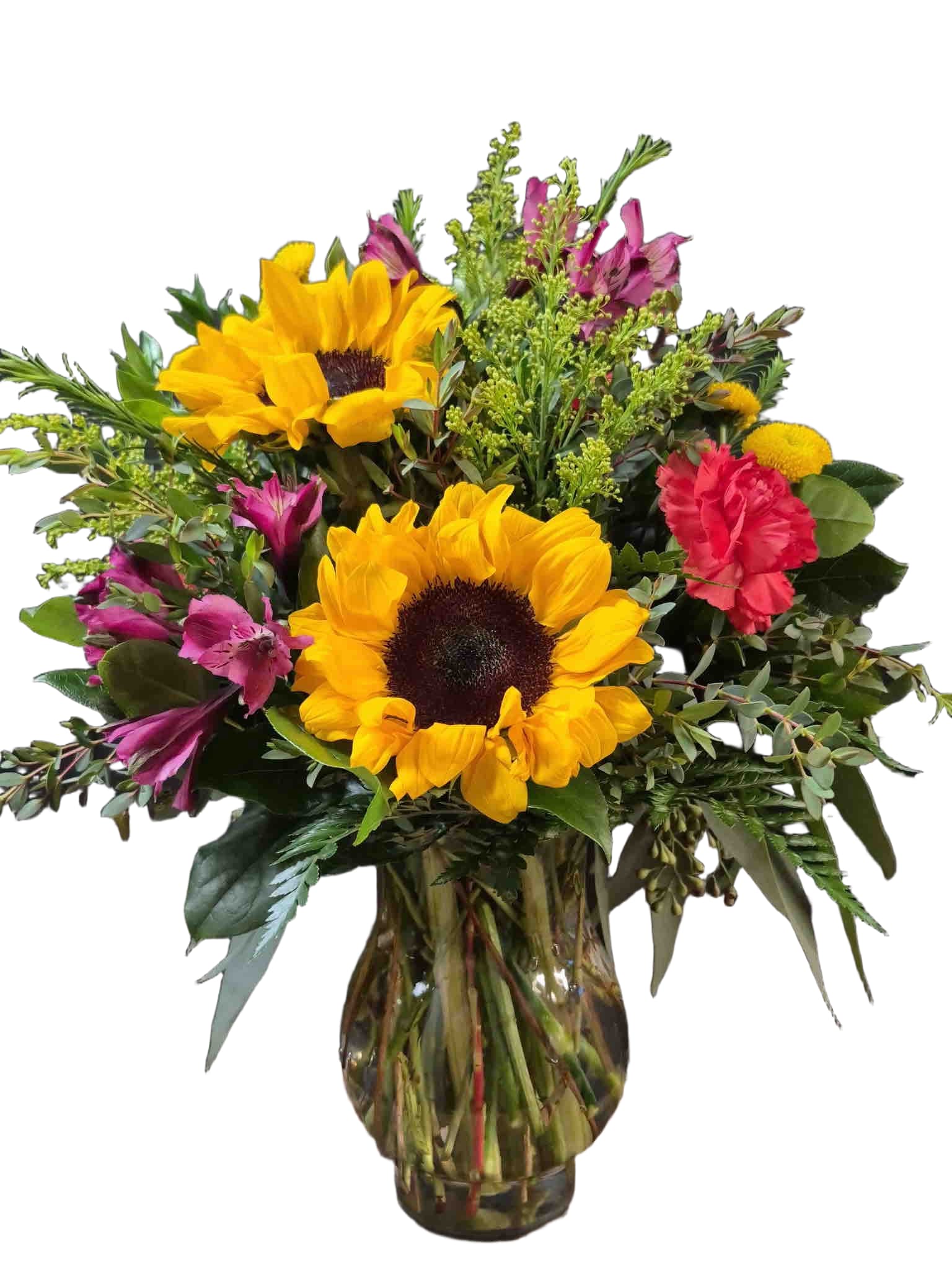 Sunny Dayz Bouquet - Sunflowers with purple alstroemeria, pink carnations,  yellow buttons,  and solidago arranged in a clear glass vase.