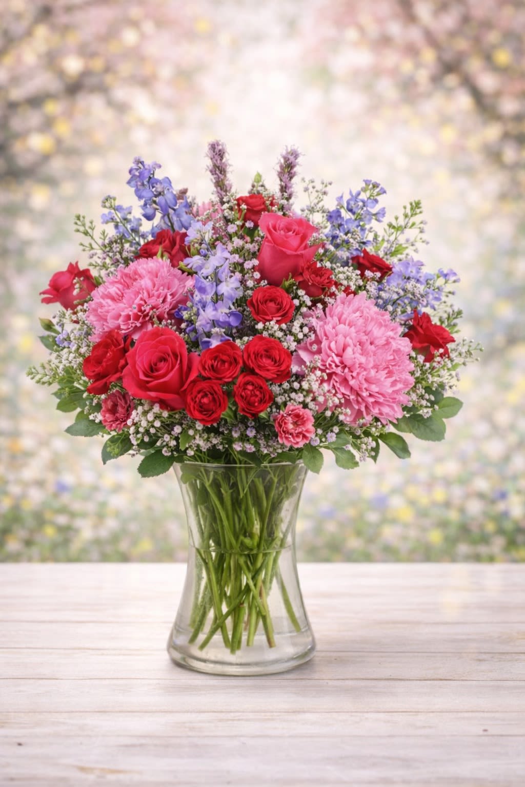 Velvet Harmony - A refined and romantic arrangement designed with rich, vibrant blooms balanced by soft accent florals and delicate textures. This piece creates a full, rounded silhouette with depth, movement, and elegance in every angle. The combination of bold focal flowers and airy fillers gives it a luxurious yet natural feel — perfect for celebrations, heartfelt gifts, or simply elevating a space. Substitutions: Flower varieties may vary depending on seasonal availability, but the color palette and overall style will always remain true to this design. Any substitutions will be carefully chosen to match the same tones, fullness, and premium look. The container will always complement the arrangement’s colors for a cohesive and beautiful presentation.*