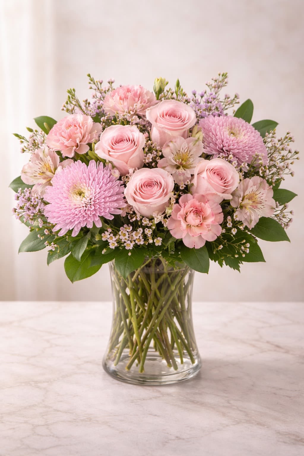 Velvet Whisper - A soft and romantic blend of blush pink roses, delicate carnations, airy filler blooms, and lush greenery, designed in a clear glass vase for a timeless look. Velvet Whisper is arranged in gentle, harmonious pink tones that create a graceful and elegant statement—perfect for birthdays, anniversaries, sympathy gestures, or simply to brighten someone’s day. Substitution Policy: Flower varieties may vary slightly depending on seasonal availability, but the overall pink color palette and fullness of the arrangement will always remain the same. Any substitutions will be carefully selected to match the original style, tone, and quality. Vase or container will always complement the arrangement’s color theme.