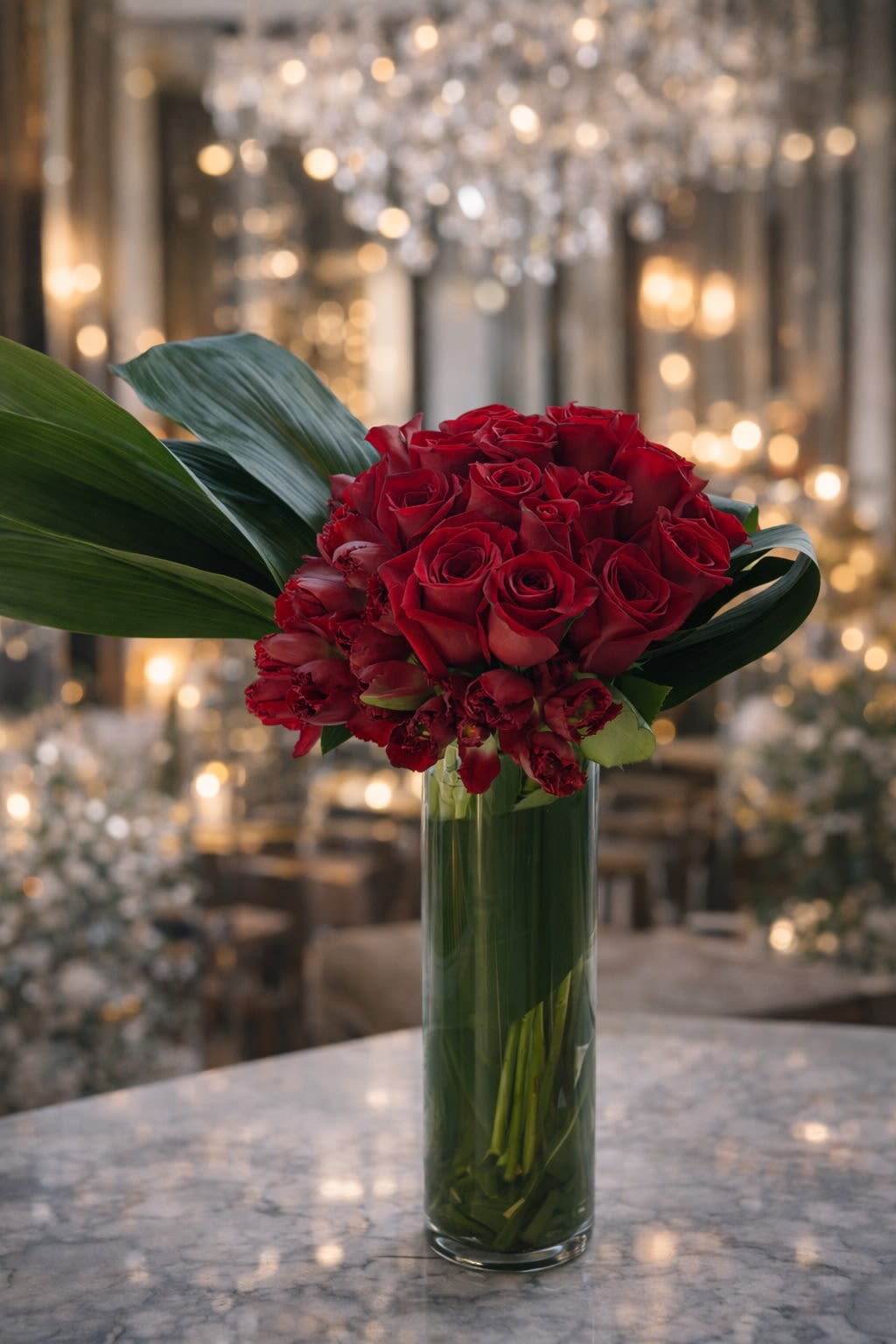 Crimson Elegance - A luxurious and romantic arrangement featuring premium red roses and elegant red tulips beautifully designed in a tall clear glass cylinder vase accented with lush tropical leaves. This modern floral design creates a bold and sophisticated statement, perfect for anniversaries, Valentine’s Day, romantic surprises, or special celebrations. Flower varieties and greenery may vary slightly based on seasonal availability while maintaining the same rich, elegant look and overall value of the arrangement.