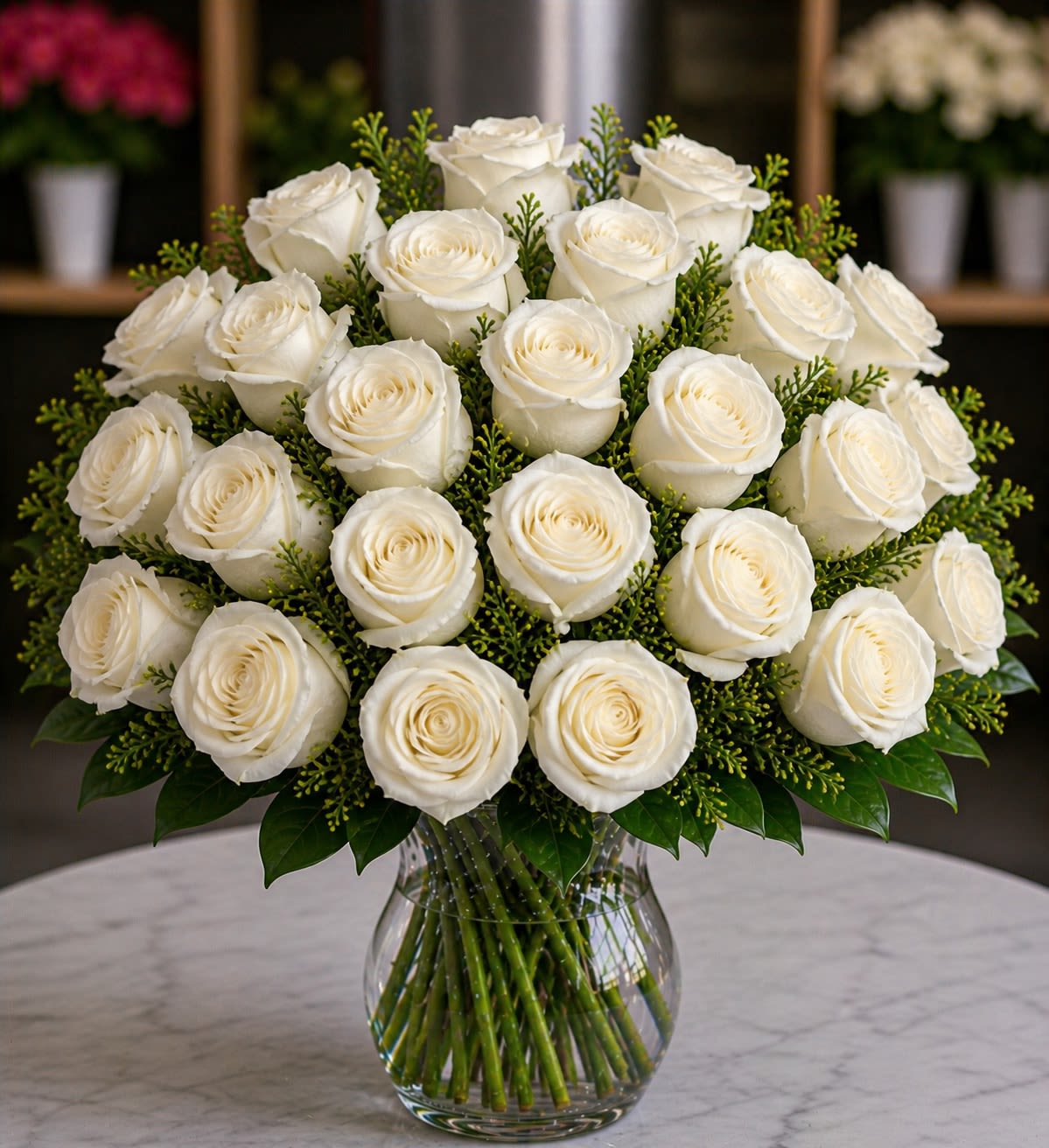 Ivory Éternelle - A timeless luxury arrangement composed of premium ivory white roses accented with lush greenery and delicate textured filler, beautifully designed in a classic clear glass vase.  Ivory Éternelle embodies purity, sophistication, and everlasting elegance. The soft ivory palette paired with the perfectly rounded rose design creates a refined couture floral statement that feels graceful, serene, and effortlessly luxurious.