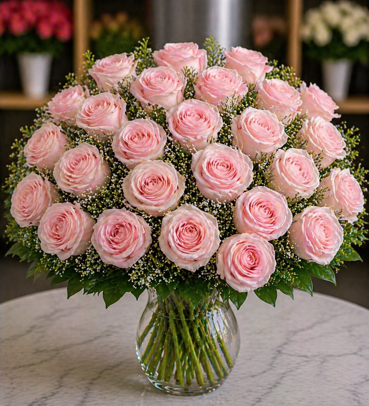 Blush Éternelle - A luxurious arrangement of soft blush pink premium roses accented with delicate white filler florals and lush greenery, elegantly gathered in a timeless clear glass vase.  Blush Éternelle — meaning “Eternal Blush” — captures the essence of romance, grace, and feminine elegance. The soft pastel pink roses create a dreamy and sophisticated look, while the perfectly rounded design delivers a couture floral aesthetic that feels effortlessly luxurious.