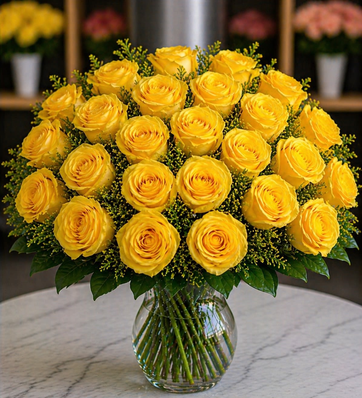 Soleil Éternel - A radiant luxury arrangement featuring premium golden yellow roses accented with lush greenery and delicate textured filler, beautifully styled in a timeless clear glass vase.  Soleil Éternel — meaning “Eternal Sun” — captures warmth, happiness, and elegant optimism. The rich golden-yellow roses create a vibrant yet sophisticated statement, while the rounded couture-inspired design gives this bouquet a polished and luxurious presence.