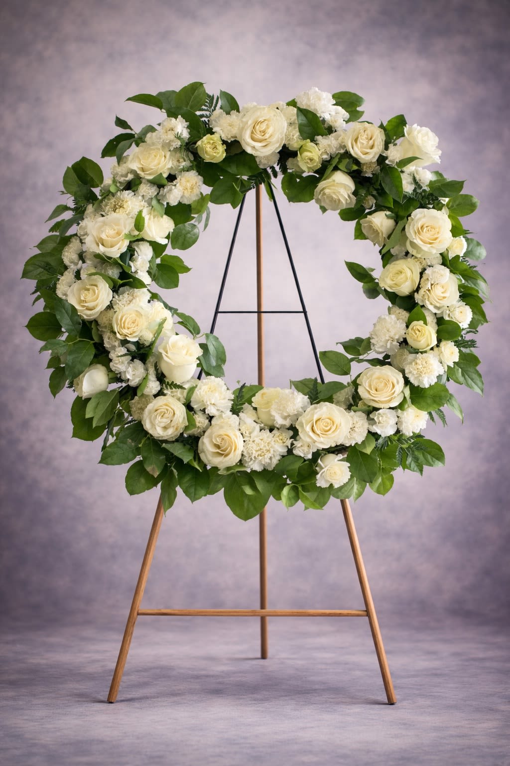 Serenity Wreath - A timeless standing wreath designed with fresh white roses, carnations, and lush greenery. This elegant circular tribute symbolizes eternal life, peace, and remembrance.  Displayed on an easel, it creates a graceful and comforting presence at funeral services, churches, and memorial gatherings.  Substitutions may be necessary due to seasonal availability, but the overall style, color palette, and fullness will always be maintained.  Delivery available to funeral homes, churches, cemeteries, and residences. Please include service time and location details at checkout.