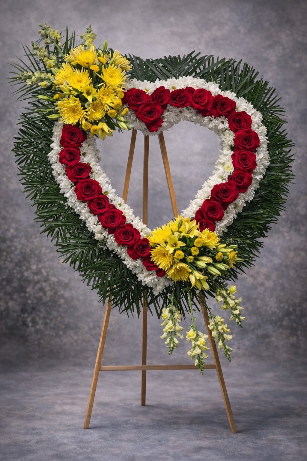 Heart of Love Tribute - A bold and heartfelt standing heart designed with rich red roses outlining the heart shape, accented with soft white blooms, lush greenery, and vibrant yellow floral clusters. This striking tribute symbolizes deep love, remembrance, and celebration of life.  Displayed on an easel, this arrangement creates a powerful and meaningful presence at funeral services and memorial gatherings.  Substitutions may be necessary due to seasonal availability, but the overall heart shape, color contrast, and fullness will always be maintained.  Delivery available to funeral homes, churches, cemeteries, and residences. Please include service time and location details at checkout.