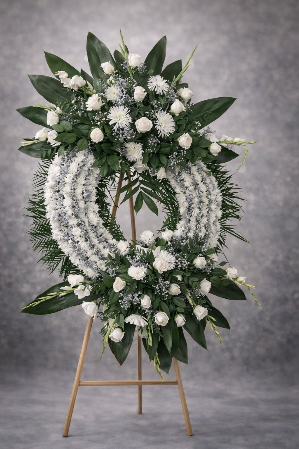 Eternal Serenity Wreath - A refined standing wreath designed with fresh white blooms, elegant roses, and lush greenery, accented with a full floral spray at the top and base. This timeless tribute symbolizes eternal peace, remembrance, and honor.  Displayed on an easel, this arrangement creates a graceful and dignified presence at funeral services, memorials, and celebration-of-life gatherings.  Substitutions may be necessary due to seasonal availability, but the overall fullness, color harmony, and wreath structure will always be maintained.  Delivery available to funeral homes, churches, cemeteries, and residences. Please include service time and location details at checkout.