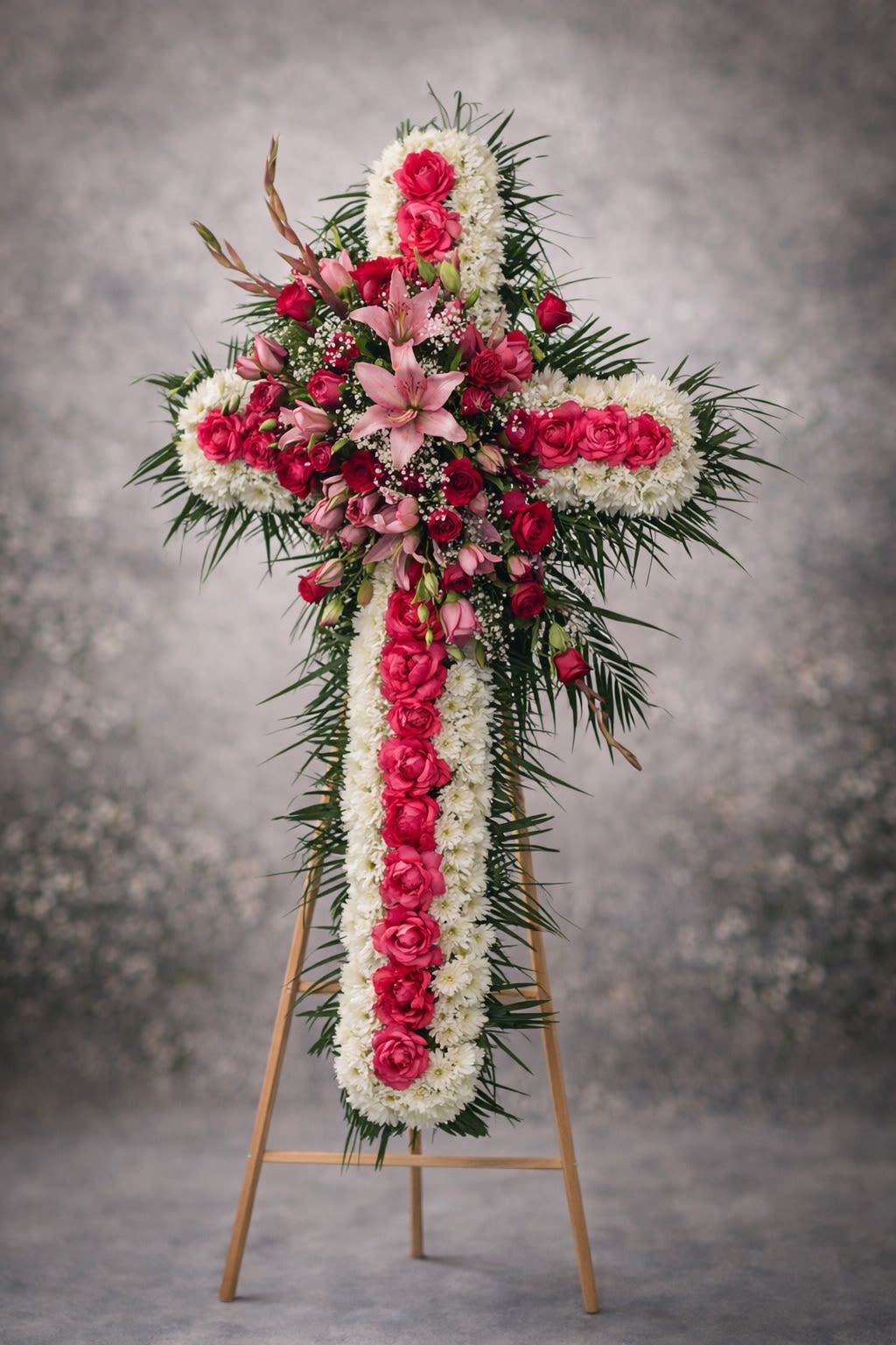 Graceful Love Cross - A beautiful standing cross designed with fresh white chrysanthemums, accented with pink roses, elegant lilies, and lush greenery. This heartfelt tribute symbolizes love, grace, and everlasting remembrance.  Displayed on an easel, this arrangement creates a warm and meaningful presence at funeral services, memorials, and celebration-of-life ceremonies.  Substitutions may be necessary based on seasonal availability, but the overall cross shape, color harmony, and fullness will always be maintained.  Delivery available to funeral homes, churches, cemeteries, and residences. Please include service time and location details at checkout.
