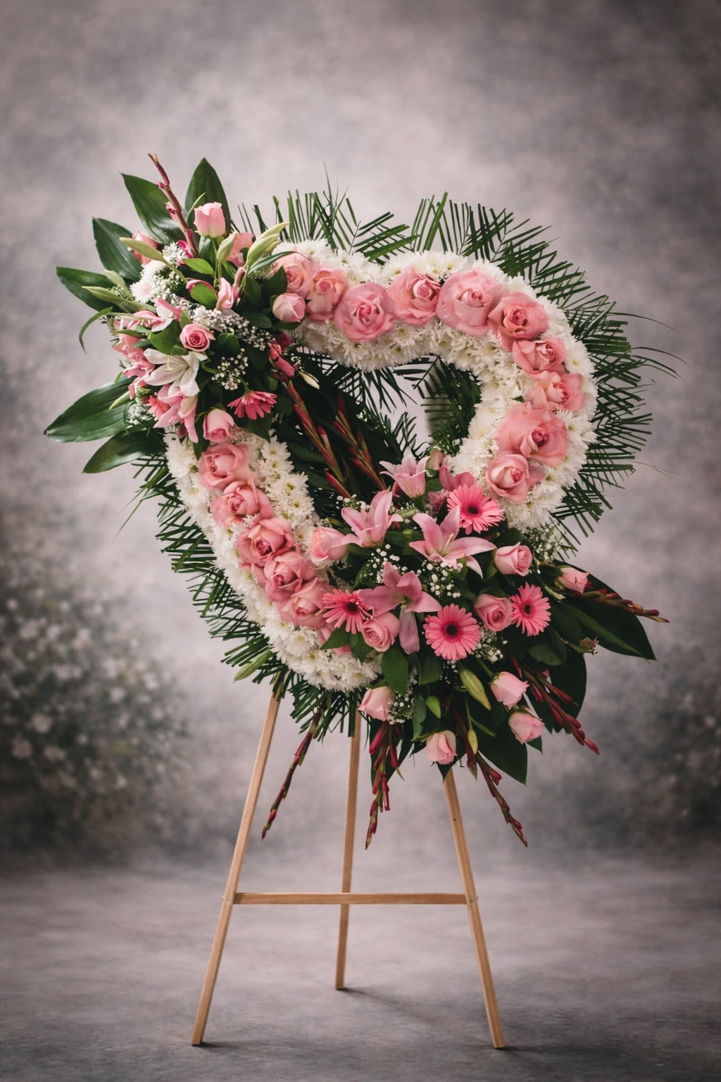 Blush Remembrance Heart - A graceful heart-shaped standing tribute designed with soft white blooms and accented with blush pink roses, lilies, and seasonal florals. This elegant arrangement symbolizes love, compassion, and cherished memories.  Displayed on an easel, this heartfelt design creates a beautiful and meaningful presence at funeral services and memorial gatherings.  Substitutions may be necessary due to seasonal availability, but the overall heart shape, color harmony, and fullness will always be maintained.  Delivery available to funeral homes, churches, cemeteries, and residences. Please include service time and location details at checkout.