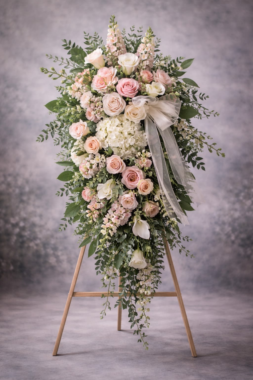Eternal Grace - A refined and elegant standing spray designed with soft blush roses, ivory hydrangeas, delicate calla lilies, and seasonal pastel blooms, surrounded by lush greenery and flowing vines. Finished with a graceful ivory ribbon, this arrangement symbolizes peace, love, and everlasting remembrance.  Displayed on a wooden easel, this design creates a warm and comforting presence at funeral services, memorial ceremonies, and celebration-of-life gatherings.  Substitutions may be necessary due to seasonal availability, but the overall size, softness, and color harmony will always be maintained.  Delivery available to funeral homes, churches, cemeteries, and residences. Please include service date, time, and location at checkout.