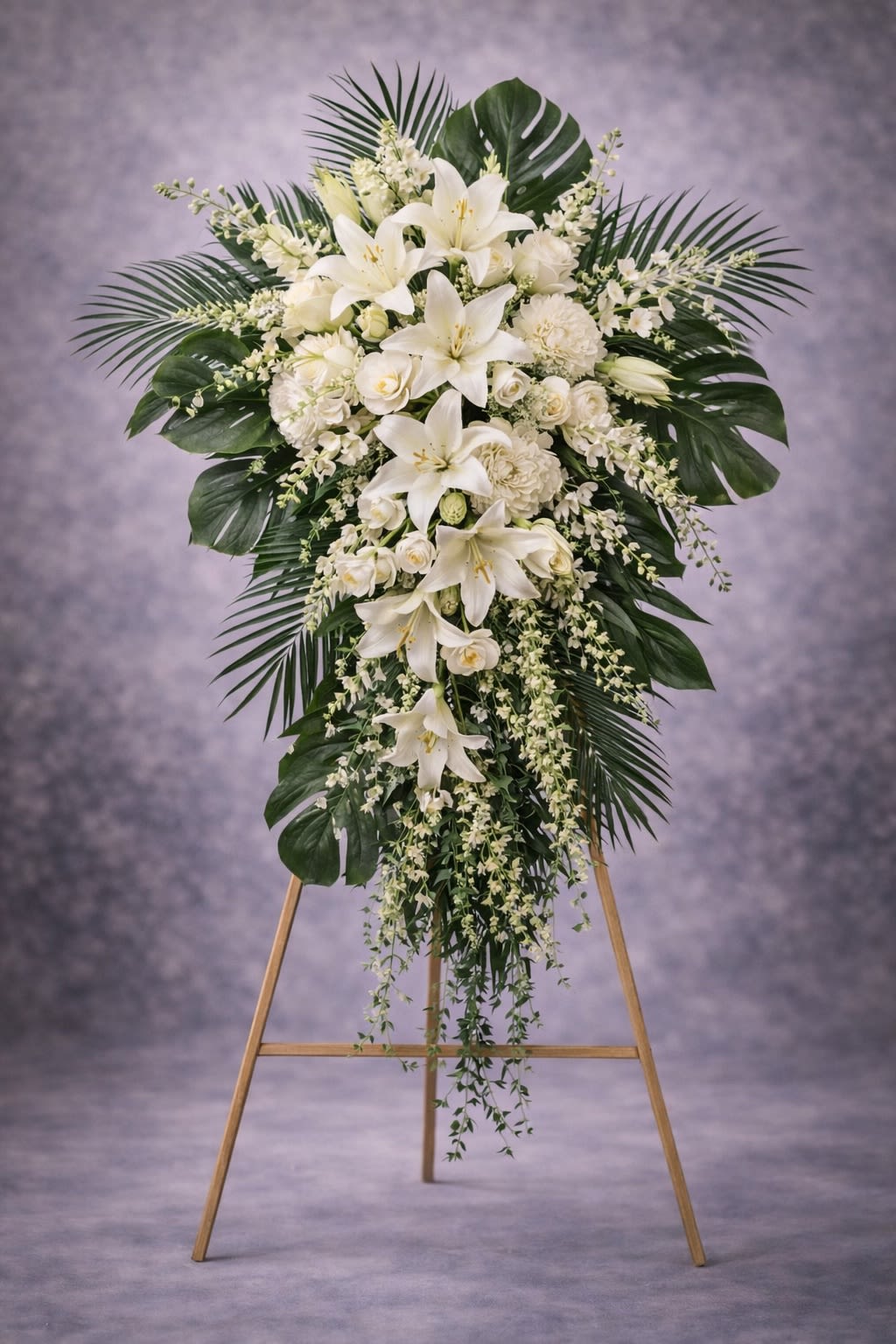 Serene Garden - A graceful standing spray designed with elegant white roses, fresh white lilies, soft accent blooms, and lush tropical greenery. Cascading vines and layered foliage create a natural, flowing silhouette that symbolizes peace, purity, and everlasting remembrance.  Displayed on a wooden easel, this arrangement offers a refined and comforting presence at funeral services, memorial ceremonies, and celebration-of-life gatherings.  Substitutions may be necessary due to seasonal availability, but the overall size, fullness, and color harmony will always be maintained.  Delivery available to funeral homes, churches, cemeteries, and residences. Please include service date, time, and location at checkout.