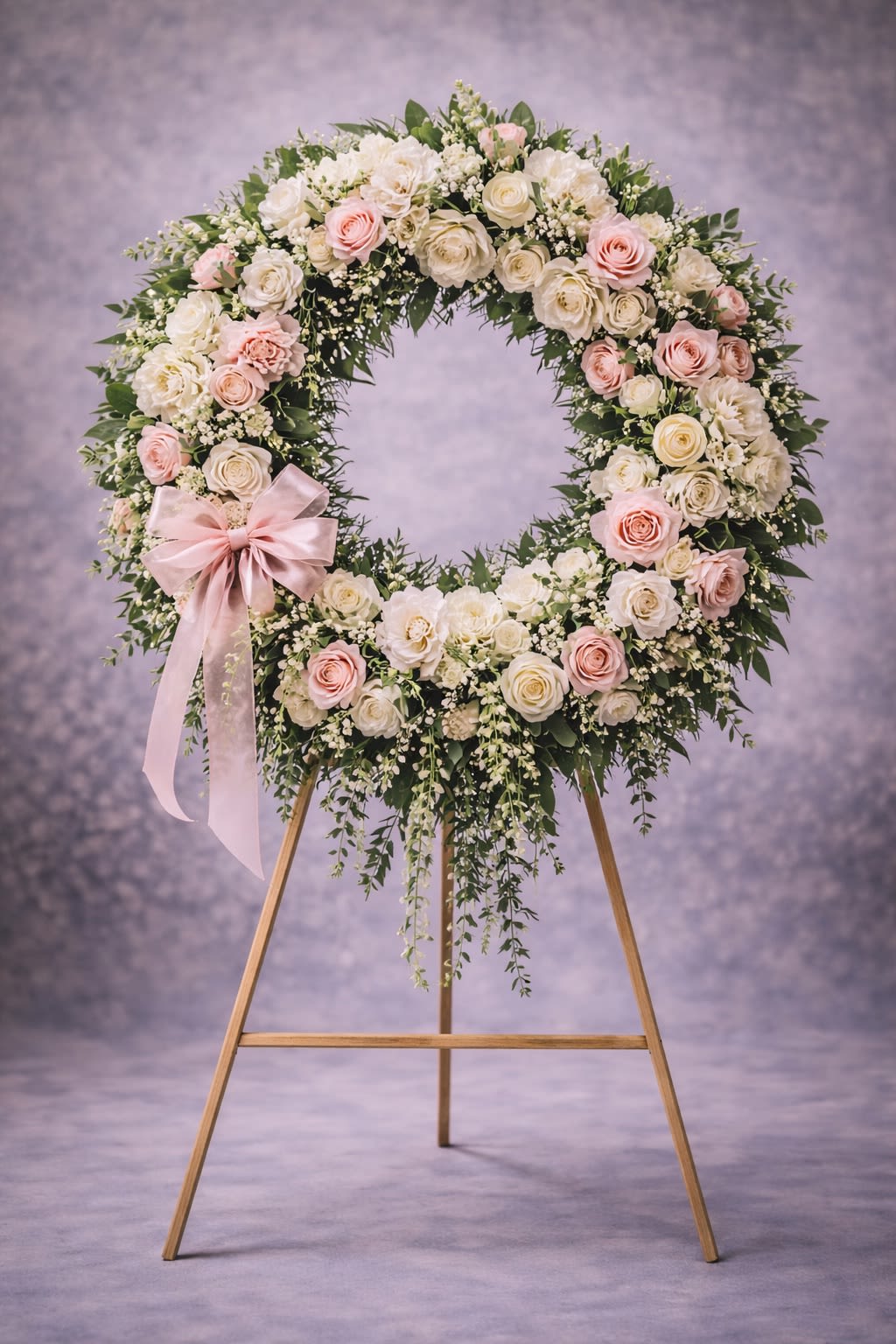 Blush Serenity Remembrance Wreath - A graceful standing wreath designed with soft blush roses, creamy ivory roses, delicate accent blooms, and lush greenery. Finished with a flowing blush satin ribbon, this timeless circular tribute symbolizes eternal love, peace, and remembrance.  The full, rounded design creates a warm and comforting presence at funeral services, memorial ceremonies, and celebration-of-life gatherings.  Displayed on a wooden easel. Substitutions may be necessary due to seasonal availability, but the overall size, fullness, and color harmony will always be maintained.  Delivery available to funeral homes, churches, cemeteries, and residences. Please include service date, time, and location at checkout.