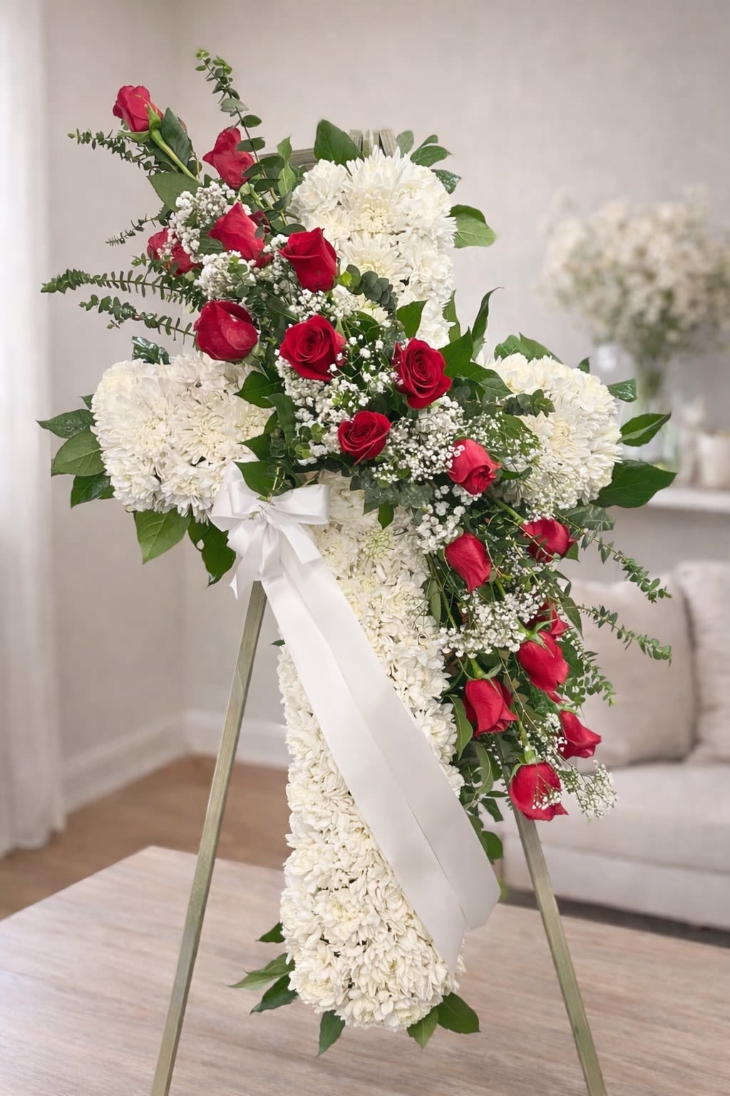 Eternal Love Cross - The Eternal Love Cross is a beautiful and meaningful floral tribute designed to honor the memory of a loved one. This elegant standing cross features a base of fresh white chrysanthemums symbolizing peace, faith, and remembrance. A graceful cascade of vibrant red roses flows diagonally across the cross, accented with delicate baby’s breath and lush greenery for a natural and timeless look.  This arrangement creates a heartfelt expression of sympathy and is appropriate for funeral services, memorial ceremonies, or celebration of life gatherings.