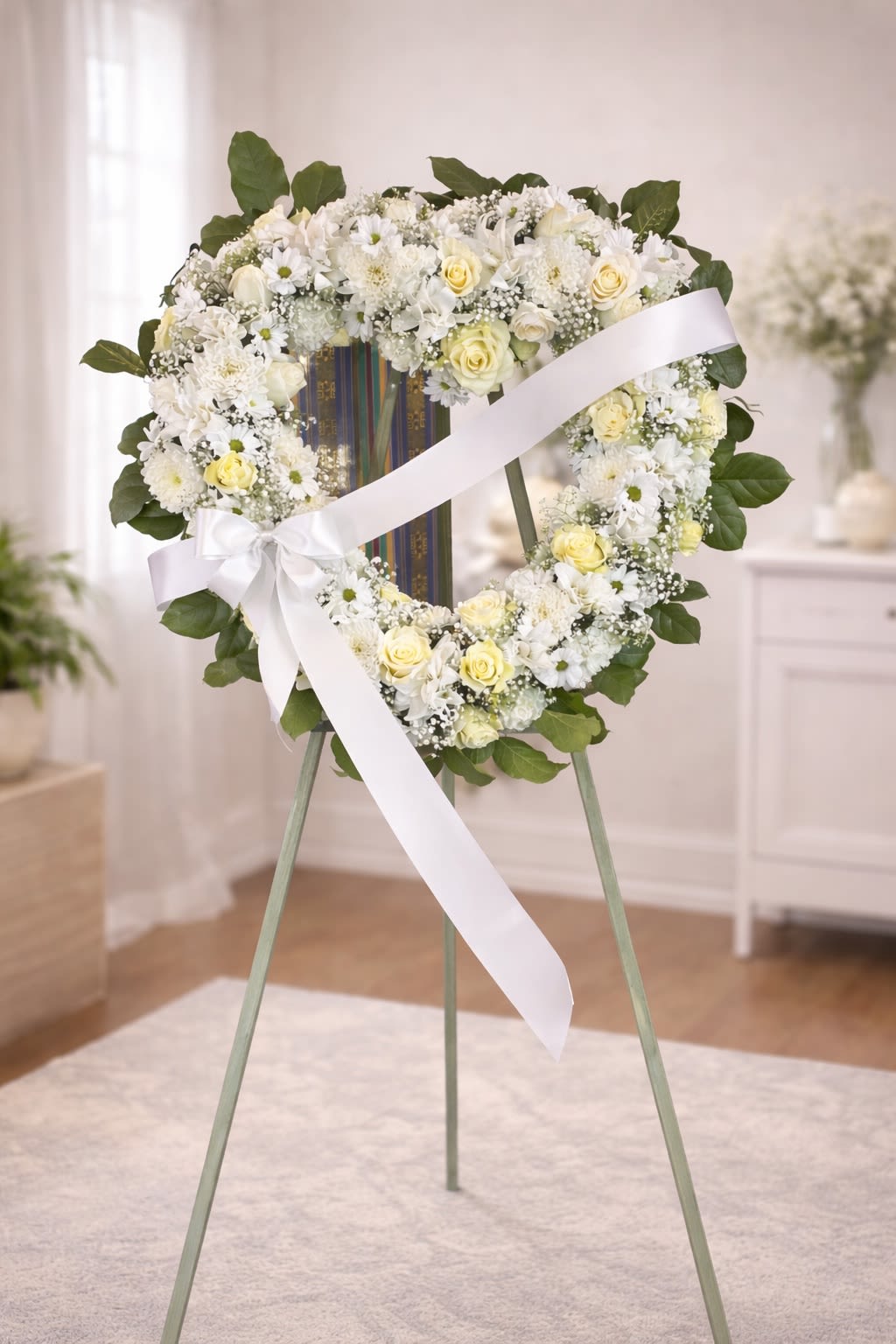 Peaceful Garden Wreath - The Peaceful Garden Wreath is a graceful and comforting tribute designed to honor the memory of a loved one with elegance and serenity. This beautiful standing wreath features a lush circle of fresh white blooms symbolizing peace, purity, and eternal remembrance.  Soft white chrysanthemums, delicate daisies, and creamy roses are carefully arranged with fresh greenery to create a timeless and heartfelt expression of sympathy. The circular shape represents eternal life, love, and the everlasting bond shared with those we cherish.  This arrangement is a meaningful choice for funeral services, memorial ceremonies, or celebration of life gatherings.