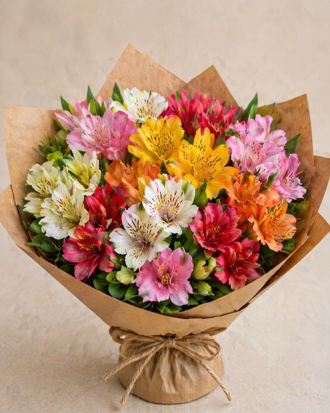 Color Pop Alstroemeria Bouquet - A vibrant mix of premium alstroemeria in soft pastels and rich seasonal tones, hand-wrapped in natural kraft paper for a clean and elegant presentation. This bouquet features a beautiful blend of pinks, whites, yellows, and warm hues, creating a full and cheerful arrangement perfect for everyday gifting, celebrations, or brightening any space. Long-lasting and budget-friendly, this bouquet is a customer favorite for both beauty and value.