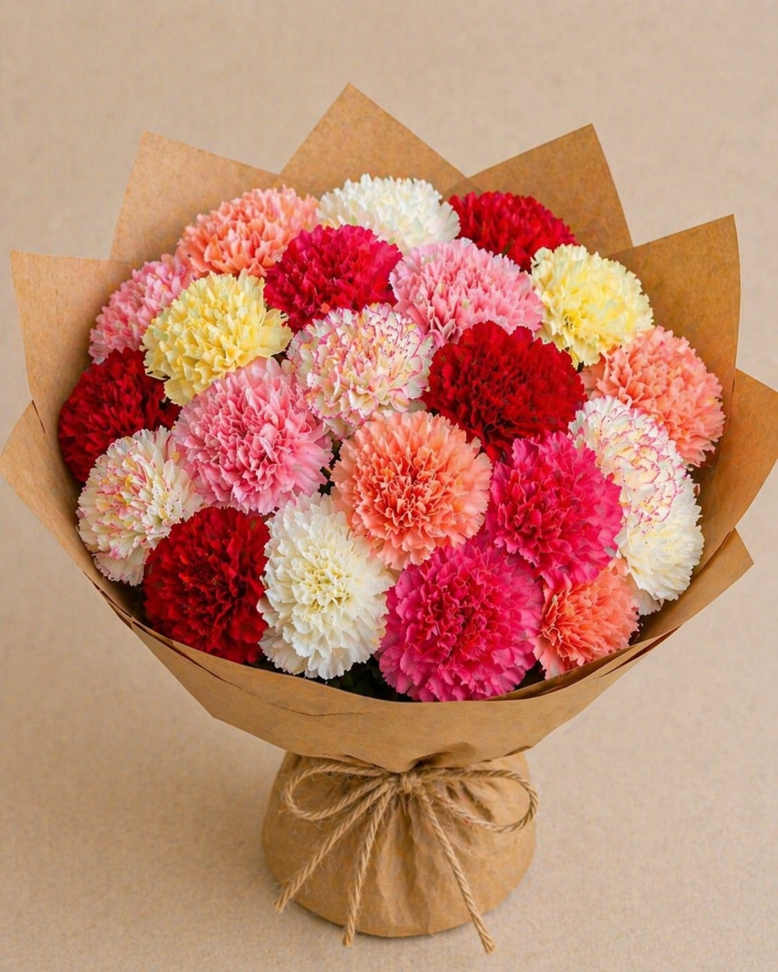 Carnation Mix Bouquet - A full and vibrant bouquet made entirely of premium carnations in a beautiful mix of reds, pinks, whites, peaches, and soft yellows. Designed in a tight, rounded shape for a clean and elegant look, this arrangement highlights the rich texture and ruffled petals of each bloom. Wrapped in natural kraft paper, it’s a long-lasting and budget-friendly option perfect for everyday gifting, celebrations, or adding a pop of color to any space.