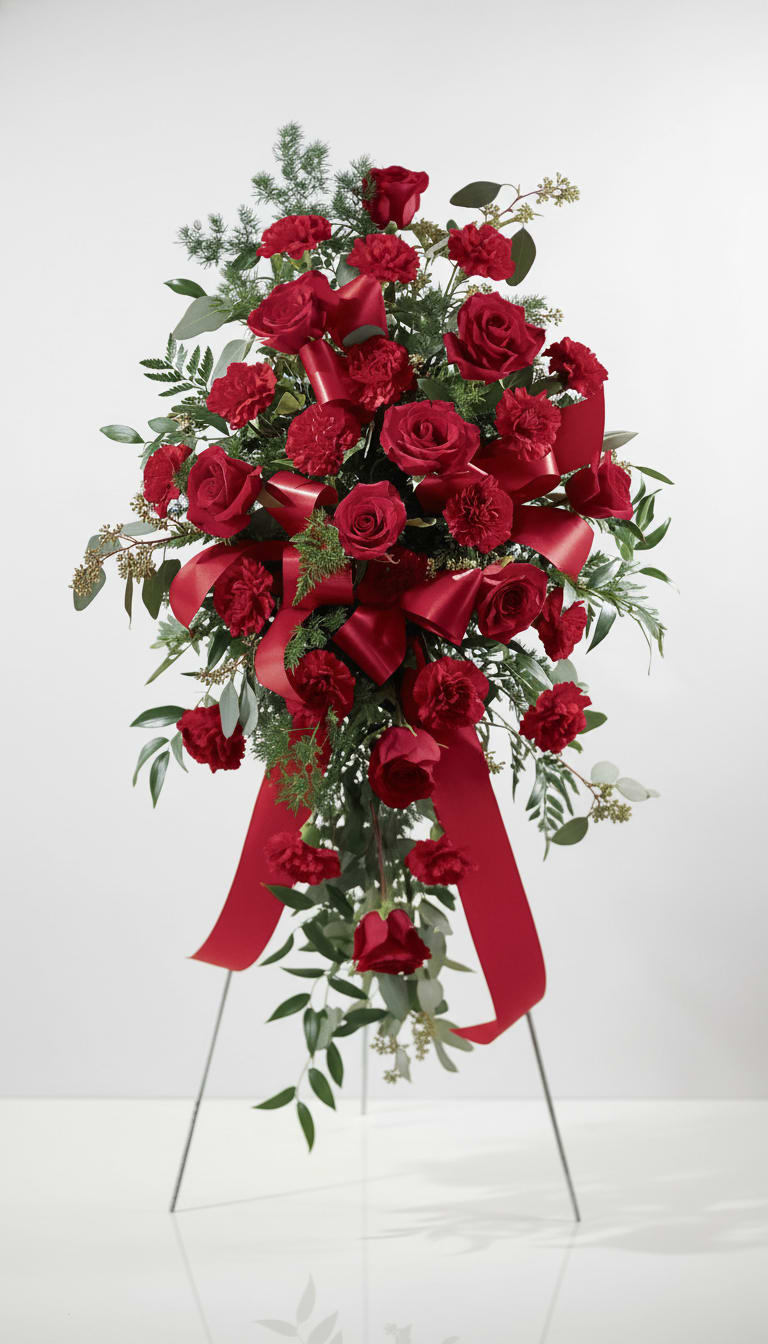Forever Feelings by BloomNation™ - Red is the color of love and this standing spray displays it with luxurious style. Red roses and palms come together with other red and greenery to create a beautiful salute.