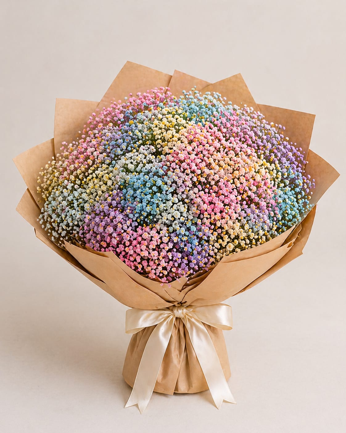 Pastel Cloud Baby’s Breath Bouquet - A dreamy and airy bouquet designed to feel soft, colorful, and elegant. Pastel Cloud Baby’s Breath Bouquet features premium gypsophila delicately spray-painted in a blend of light blue, blush pink, soft yellow, and lavender tones.  Wrapped beautifully in natural kraft paper and finished with a satin ribbon, this bouquet creates a full, cloud-like look that is both modern and romantic. Perfect for birthdays, celebrations, baby showers, or just a unique and eye-catching gift.  Each bouquet is handcrafted, and colors may vary slightly while maintaining the same pastel harmony and fullness.