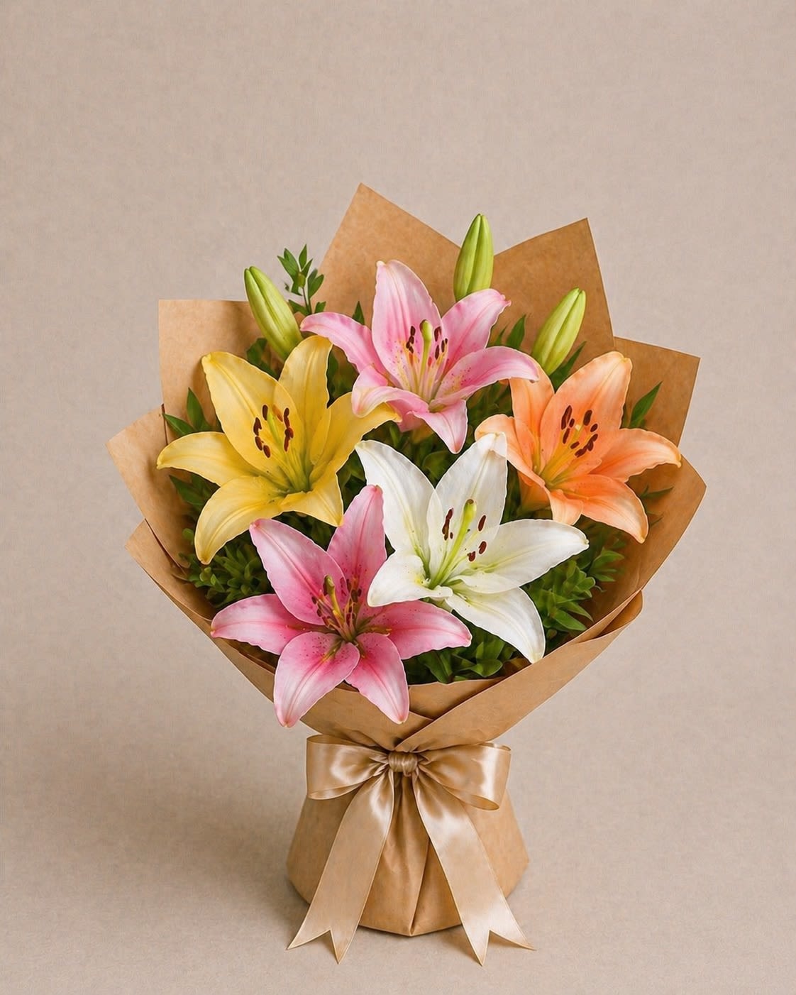 Petite Lily Charm Bouquet - A compact and elegant bouquet featuring a refined mix of premium lilies in soft white, blush pink, golden yellow, and peach tones. Designed in a smaller, more delicate size, Petite Lily Charm Bouquet offers the same beauty and fragrance of full lilies in a sweet and stylish presentation.  Wrapped in natural kraft paper and finished with a satin ribbon, this bouquet is perfect for thoughtful gifts, small celebrations, or everyday moments.