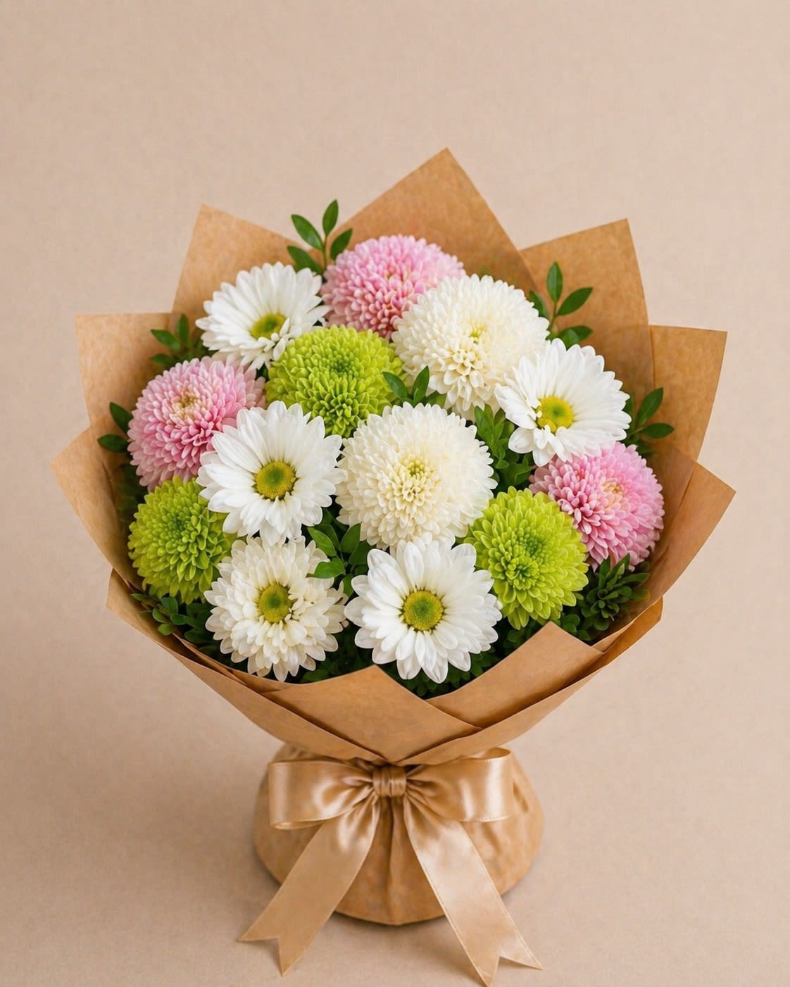 Petite Daisy, Button and Cushion Mix Color Delight - A charming and compact bouquet designed with softness and color in mind. Petite Daisy Cushion Delight features a beautiful mix of white daisies and vibrant cushion pom-pom chrysanthemums in pastel pink, yellow, and fresh green tones. and different colors.  Arranged in a full, rounded style and wrapped in natural kraft paper with a satin ribbon, this bouquet offers a playful yet elegant look. Perfect for small gifts, birthdays, thank-you gestures, or everyday moments that deserve a touch of beauty.  Each bouquet is handcrafted, and flower colors may vary slightly while maintaining the same cheerful and balanced design.
