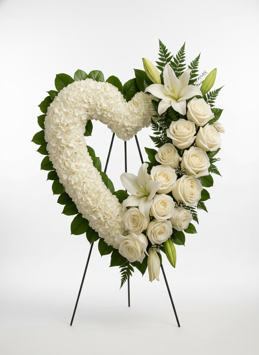 True Sympathy by BloomNation™ - An all white tribute, this funeral spray is pure and tranquil. Featuring a variety of white flowers and green palms this elegant funeral spray brings a feeling of peace to it's surroundings 