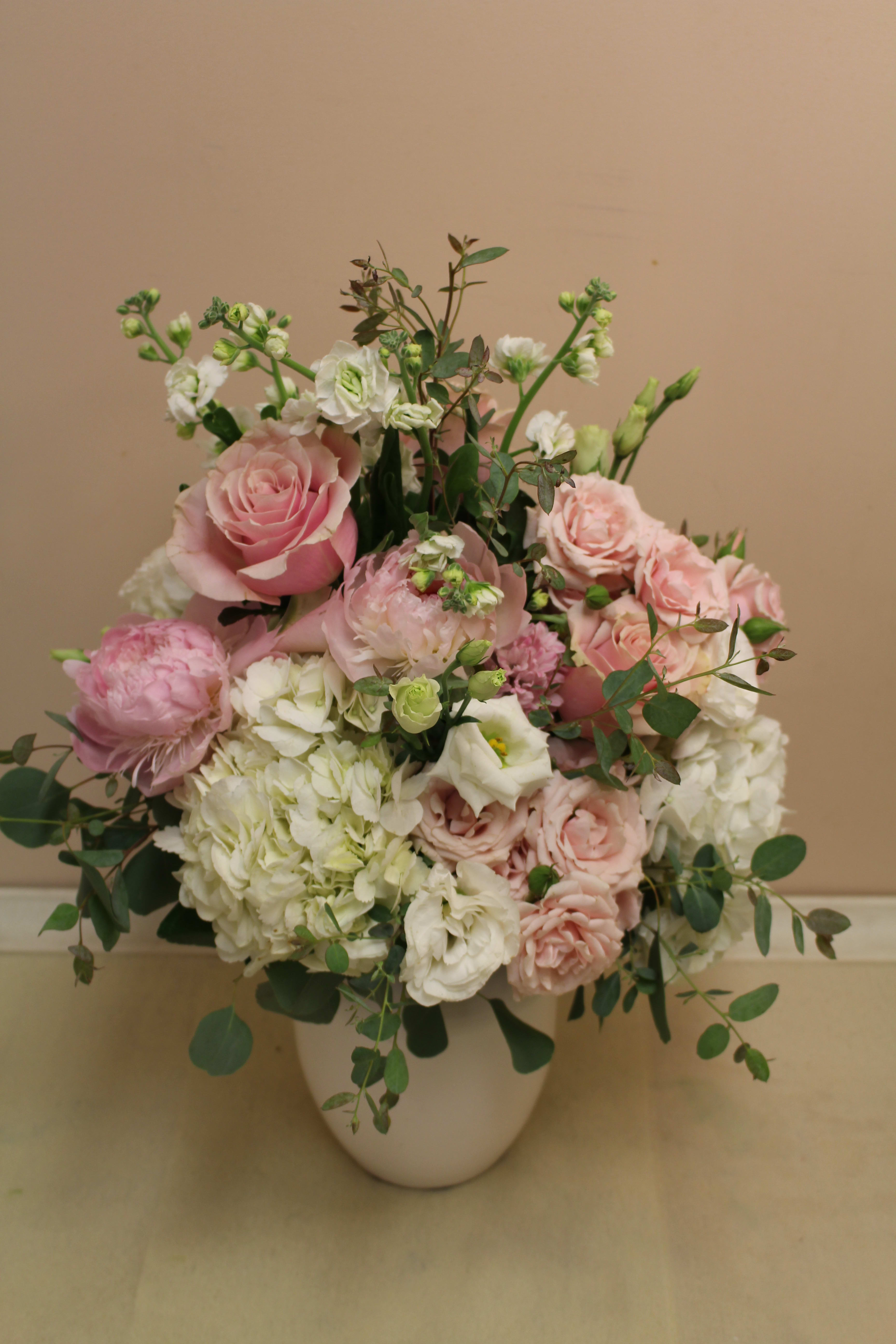 white enamel pitcher - Soft hues fill this beautiful white enamel pitcher.  Hydrangea, peonies, roses and more a stunning gift