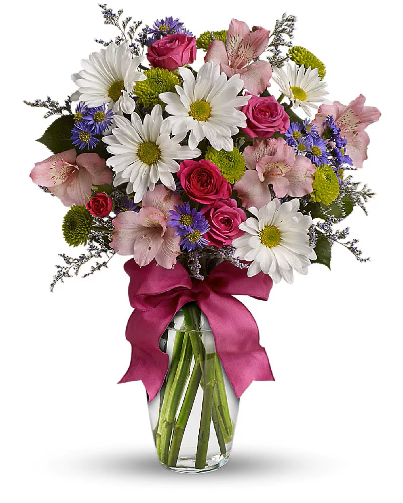 Pretty please - Looking for the prettiest bouquet in town? We’ve got the perfect all-around choice – a mix of blooms in breezy shades of pink, white, lavender and more, all tied up with a big pink bow! A great way to make someone smile.  A mix of fresh flowers such as roses, assorted gerberas, assorted alstroemerias, and limonium, in shades of white, pink, green, purple and lavender. Delivered in a vase adorned with a matching ribbon.  Standard: one dozen roses  Deluxe: two dozen roses  Premium: three dozen roses  Complimentary golden card with envelope included, please send your card message with the order.