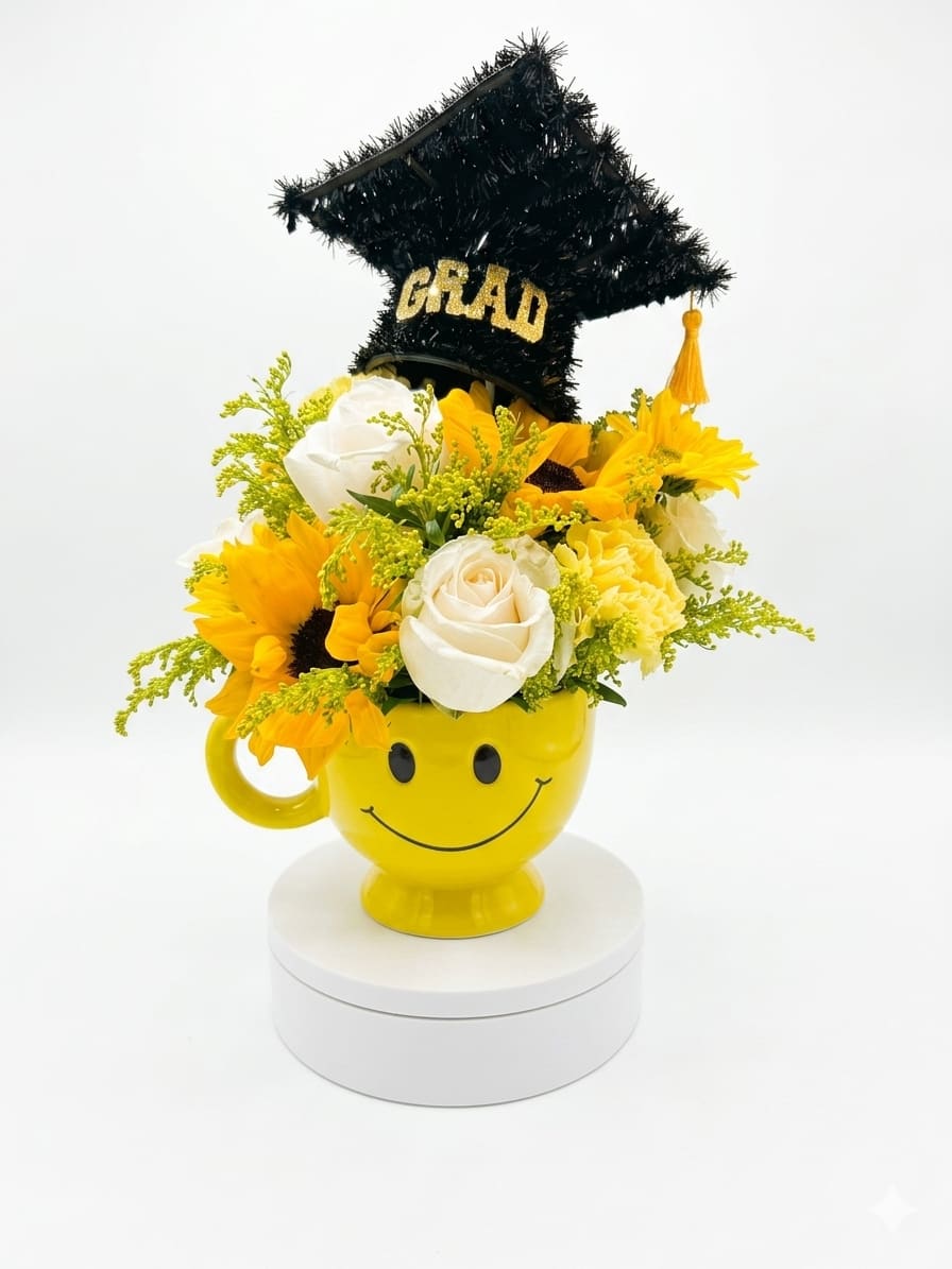 Graduation happy Mug  - A bright yellow smiley-face ceramic mug overflowing with white roses, yellow sunflowers, and pale yellow carnations makes an upbeat graduation bouquet that's equal parts cheerful and classy. This graduation flower arrangement pairs celebratory yellow and crisp white with bold black accents-the black graduation cap topper marked "GRAD" and matching tassel-to announce the milestone at a glance and let the recipient know they're the center of the celebration.  Flowers are tightly clustered across the mug's rim with airy yellow filler for light texture and movement, creating a compact, giftable display that sits easily on a desk or mantle. The arrangement comes on a small display pedestal and includes the ceramic mug (a keepsake the graduate can reuse), a graduation cap topper and tassel; dimensions are designed for easy tabletop placement. Perfect for graduation or any "congrats" moment, this arrangement sends a sunny, celebratory message that will make the grad feel genuinely seen-no special care needed beyond fresh water in the mug to keep the blooms bright.