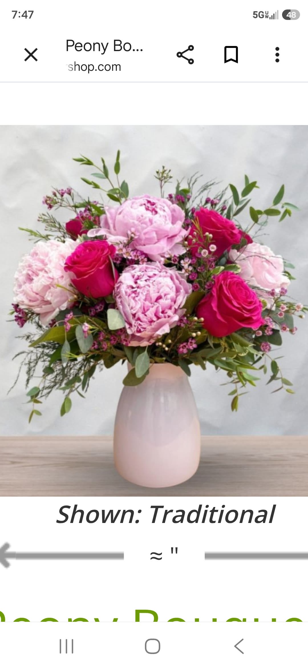  roses with peonies -  Lush peonies and vivid hot pink roses combine for a romantic flower arrangement that reads like a garden in full bloom-perfect as an anniversary bouquet, gift, or just because you want someone to feel truly cherished. The pink, white, green, palette gives a warm, celebratory feel that also suits birthdays, thinking-of-you moments, and sympathy occasions with gentle elegance.    