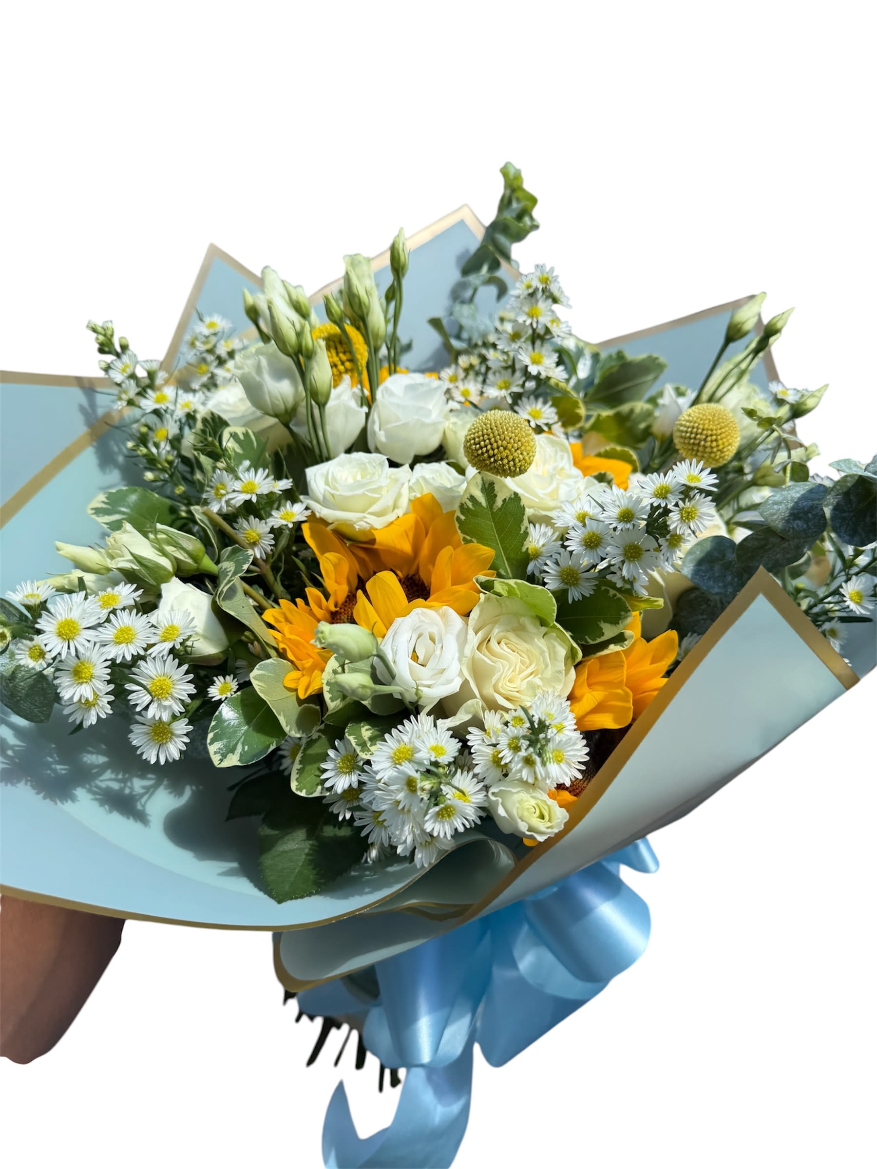 Graduation Bouquet - Graduation bouquet featuring white spray roses, white lisianthus, white roses, sunflowers, yellow billy balls, white montecasino, and a mix of fresh greenery, all wrapped in a special decorative paper.