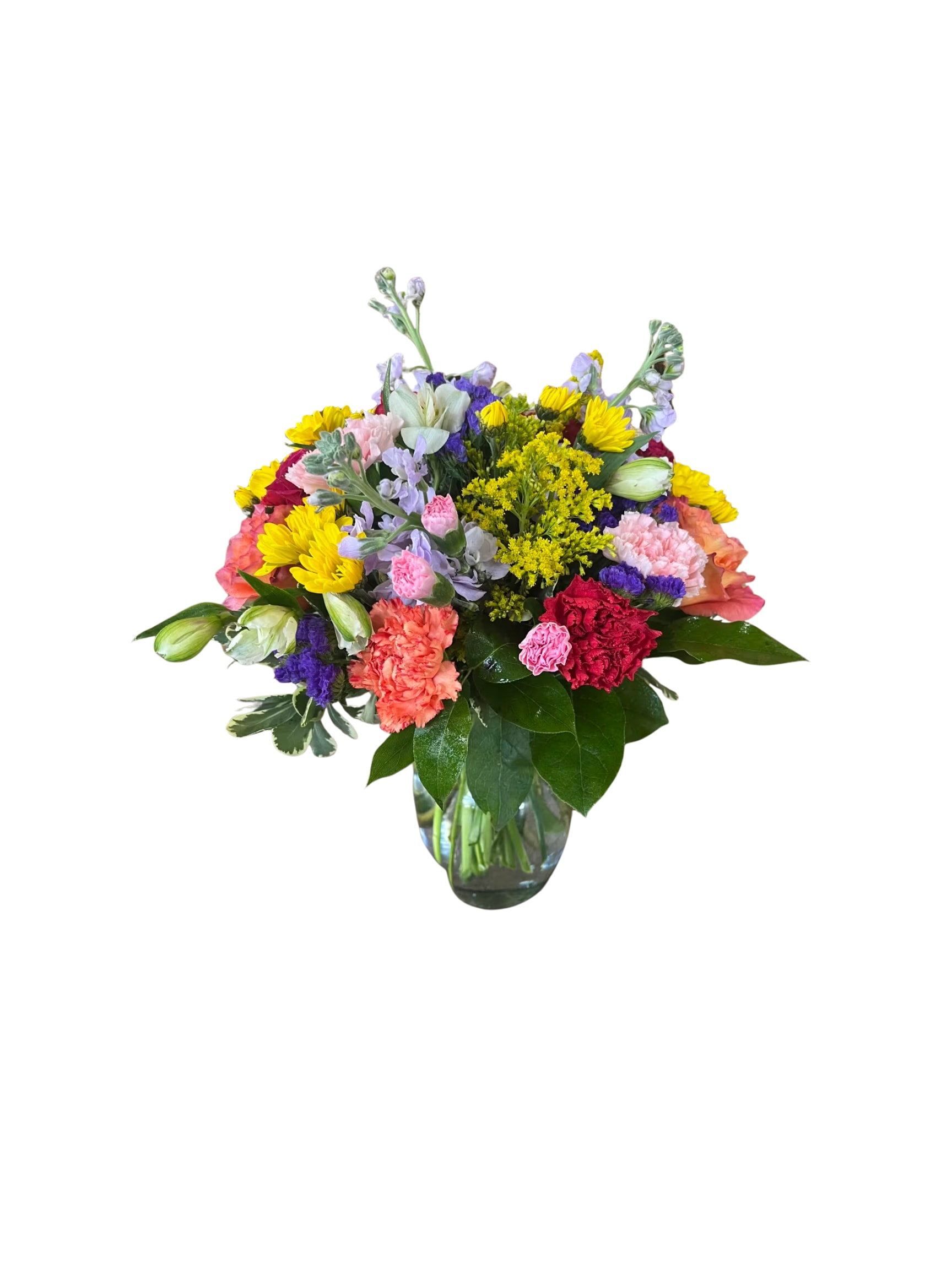 Life of the Party  - Celebrate good times with this lively bouquet. The arrangement includes roses, carnations, alstroemeria, stock, aster, and other seasonal blooms.  This is the perfect gift for Mother's Day, Birthday, or Just Because. APPROXIMATE DIMENSIONS: 12" D x 15"H