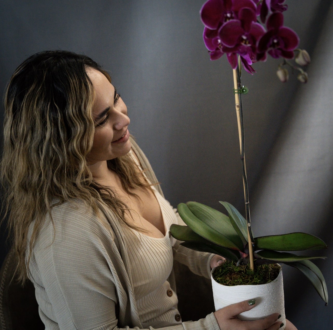 Woman holding a potted purple orchid plant