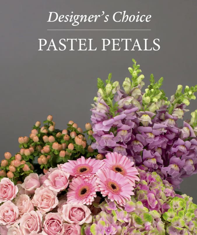 Pastel pink and purple flowers arranged beneath the words "Designer’s Choice Pastel Petals"