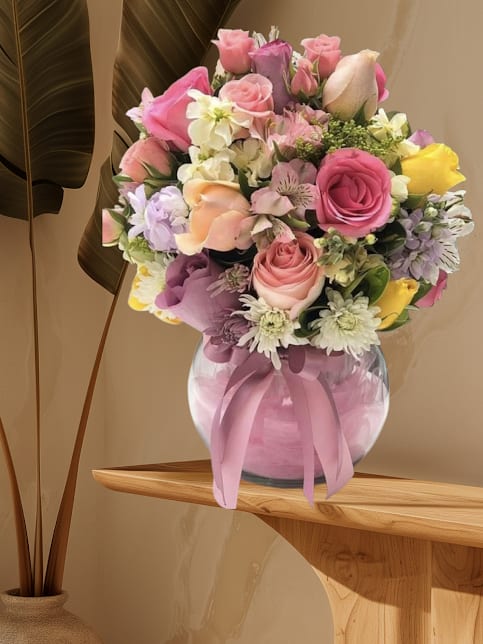 The Summa Cum Laude Bloom  - The Summa Cum Laude Bloom is a soft and sophisticated celebration of achievement. This arrangement features a stunning pink lily rising above a graceful blend of blush roses and cheerful yellow accents.