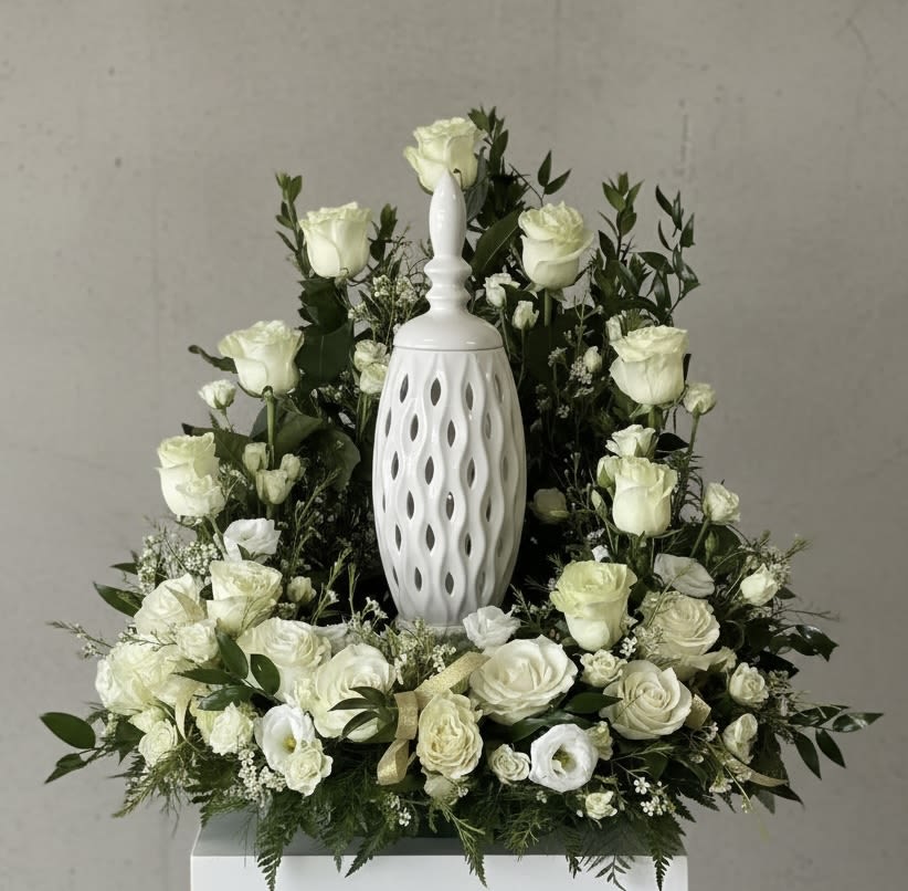 Classic Urn Holder - This urn surround design features all white flowers - timeless elegance in roses, roses, and more roses. What a beautiful way to express your love and adoration for your loved one. A perfect sentiment of Love.