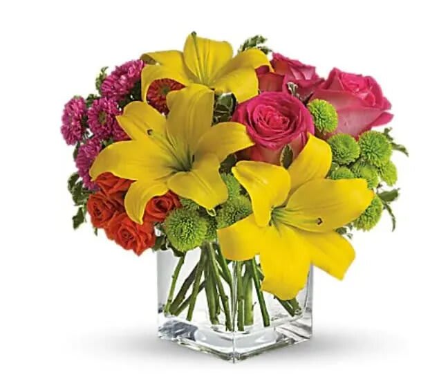Sunsplash - Send this summery bouquet and you'll make a splendid splash! Perfect for birthdays, thank yous, barbecues and beyond. This warm-weather charmer will be welcome everywhere! Hot pink roses, orange spray roses, yellow asiatic lilies, hot pink matsumoto asters and green button spray chrysanthemums are delivered in a cube vase. Lots of splash. Not too much cash! 