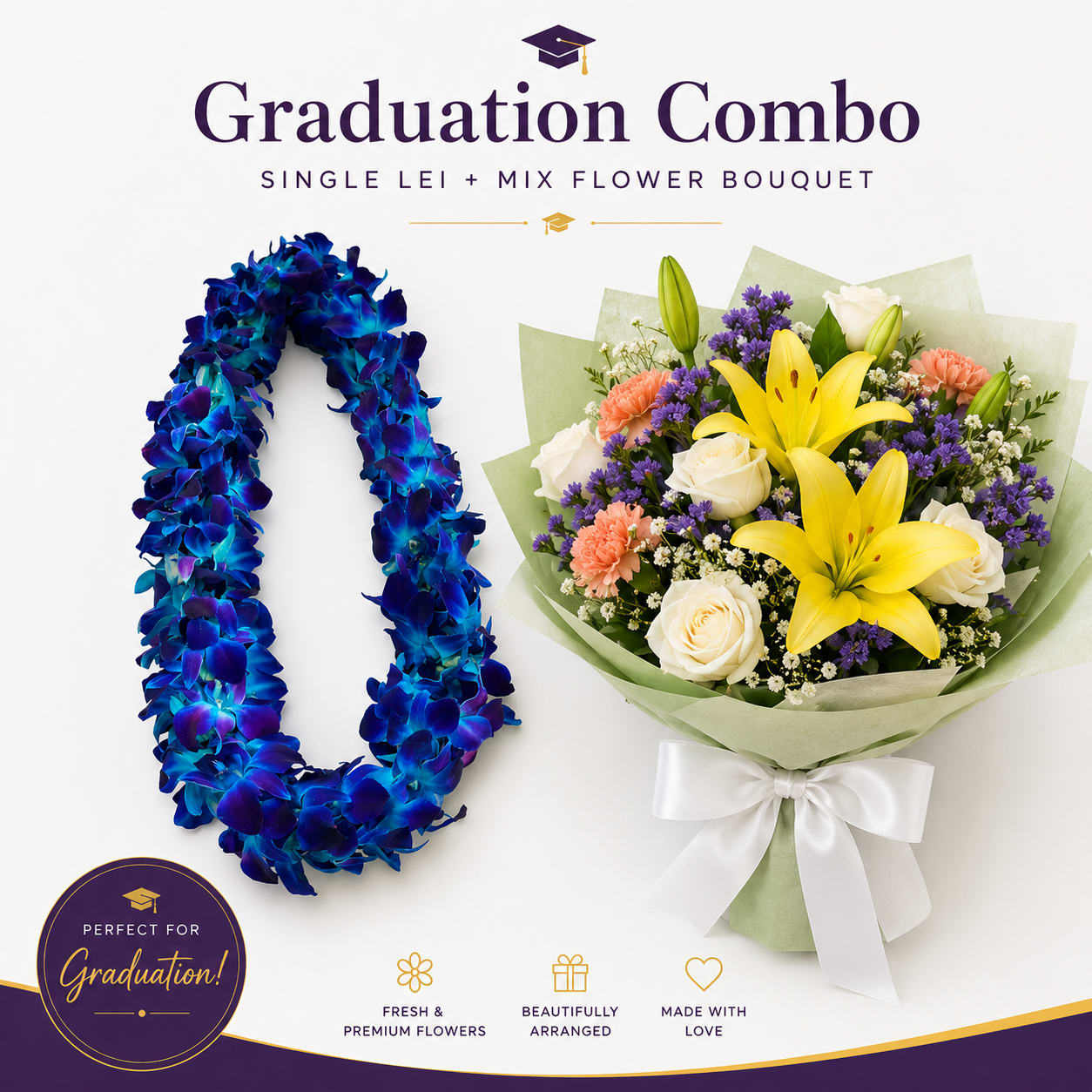 Graduation Combo #3 - Bouquet and Lei will be delivered approximately as pictured. 