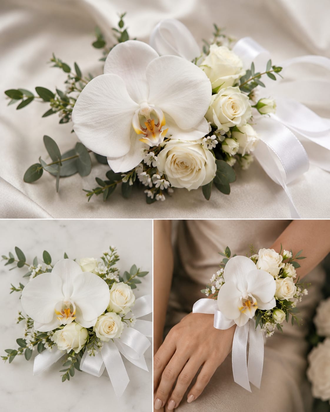 Luxury wrist Cartage(select the color and flowers) - Elegant handcrafted wrist corsage designed with fresh white Phalaenopsis orchids, premium white roses, delicate spray roses, fresh greenery, and luxury satin ribbon.  Perfect for prom, weddings, homecoming, formal events, bridal showers, graduations, and special occasions.  Each corsage is custom-made fresh to order by our floral designers in Los Angeles.  Customization Available: • Any ribbon color • Any flower color • Upgrade flower quantity • Add roses, orchids, pearls, rhinestones, or premium accents • Matching boutonniere available upon request  If you have a specific color theme or flower preference, please contact us and we will happily customize your corsage for your special event.  Same-day flower delivery available across Los Angeles