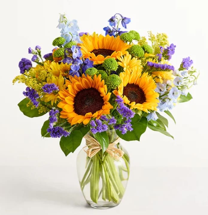 Fields Of Europe Summertime - Bright, sunlit sunflowers take center stage in this summertime flower arrangement, making it an ideal birthday bouquet or cheerful everyday gift for someone who loves warm, garden-fresh color. The mix of yellow sunflowers with purple asters and delphinium, pale blue blooms, daisies and chrysanthemums reads lively and optimistic-perfect for congratulations, a spring celebration, or simply letting someone know you're thinking of them.  Arranged in a clear glass vase and finished with a rustic raffia ribbon, the composition is full and rounded with closely packed blooms that create a layered, textured look. The strong contrast of golden yellow against purple and blue draws the eye, while the smaller flowers add movement and a cottage-garden feel. The hand-tied presentation sits nicely on a table or windowsill; swap water every few days and trim stems for the best vase life to keep the bouquet bright for as long as possible.