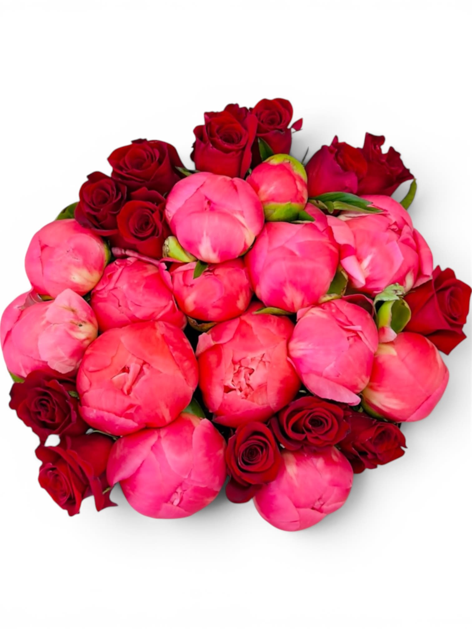     Peony Whisper - Lush pink peonies paired with deep red roses create an instant romantic statement-the kind of anniversary bouquet or Valentine's Day arrangement that makes the person you're thinking of feel truly adored. This Peony Whisper flower arrangement reads as both celebratory and intimate, with saturated pink and red tones that catch the eye and warm the heart.  A dense, rounded hand-tied bouquet, it blends large, soft peony blooms with tighter rose heads for a rich, layered texture. The compact composition feels abundant and classic, wrapped in crisp white paper for a clean, modern presentation that highlights the flowers' colors and shapes.  Perfect for anniversaries, birthdays, Valentine's Day, or a meaningful just-because gift, this arrangement sends a message of affection and celebration. Its compact size makes it easy to place on a bedside table or dining table centerpiece; keep blooms in fresh water, trim stems, and remove any foliage below the waterline to help them last.